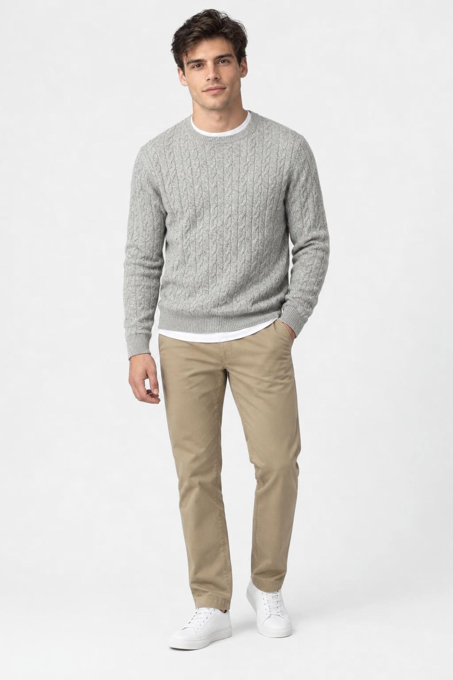 CABLE CREW NECK SWEATER MEDIUM GREY MELANGE 2