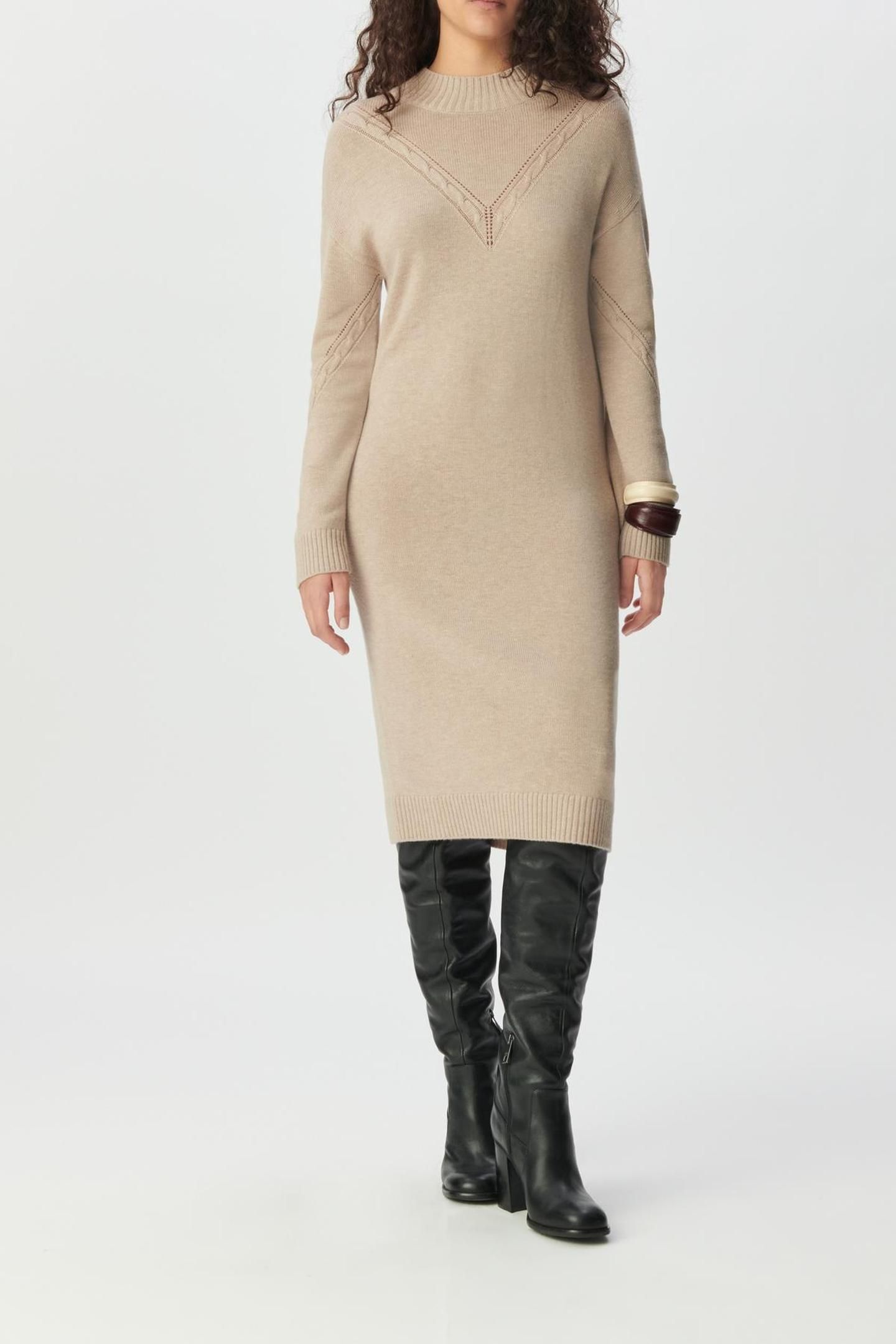 BEIGE SWEATER DRESS WITH PLACED CABLE KNIT 3