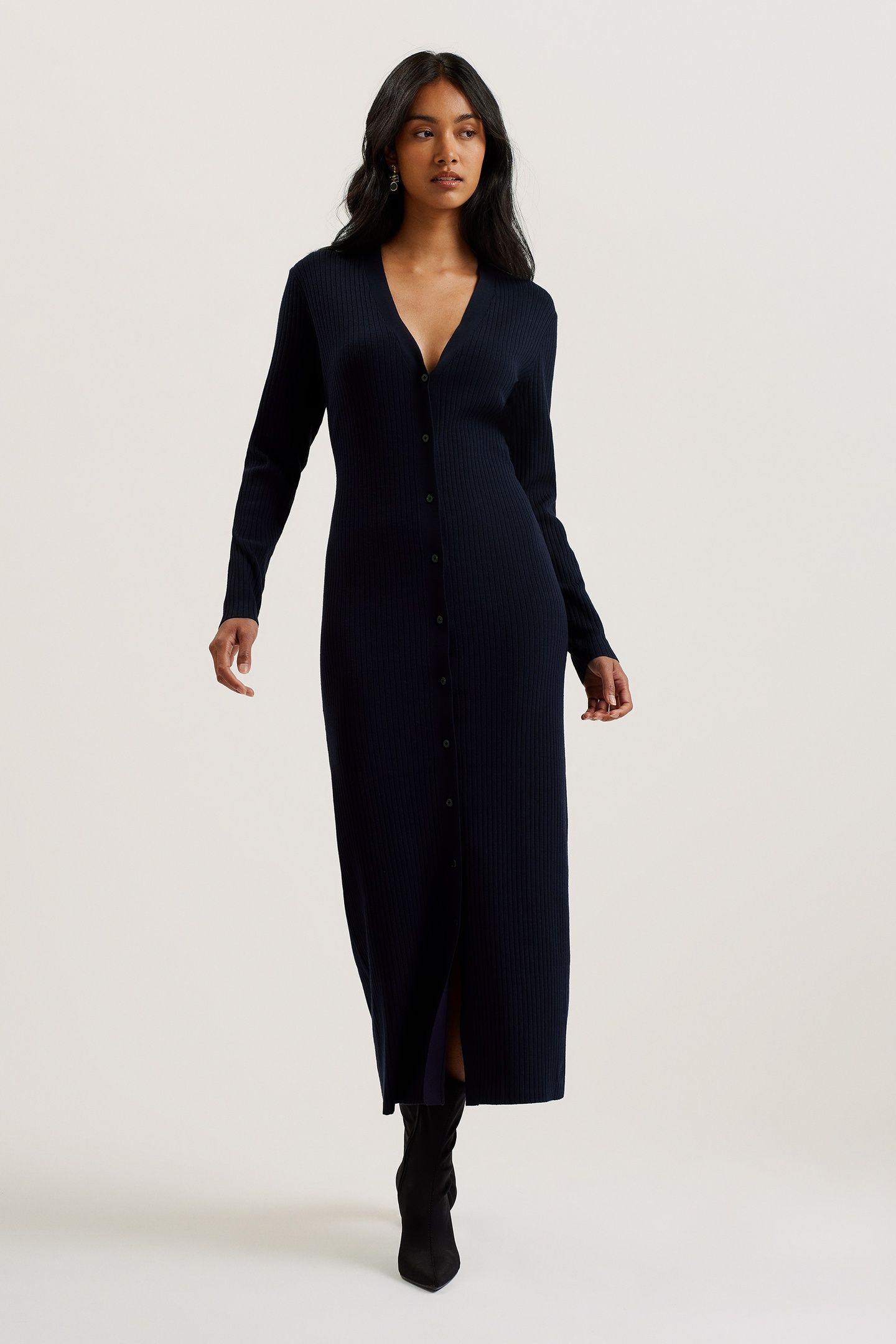 ELMHAA RIBBED KNITTED V NECK MAXI CARDIGAN NAVY 1