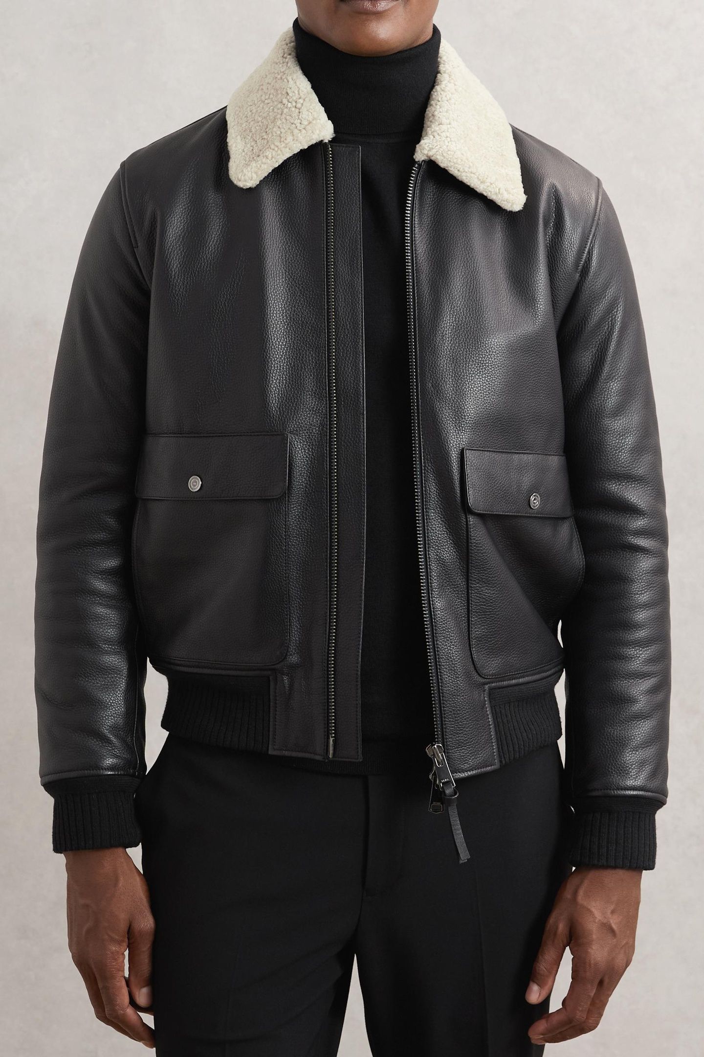 LS SHEARLING COLLAR LEATHER JACKET BLACK 1