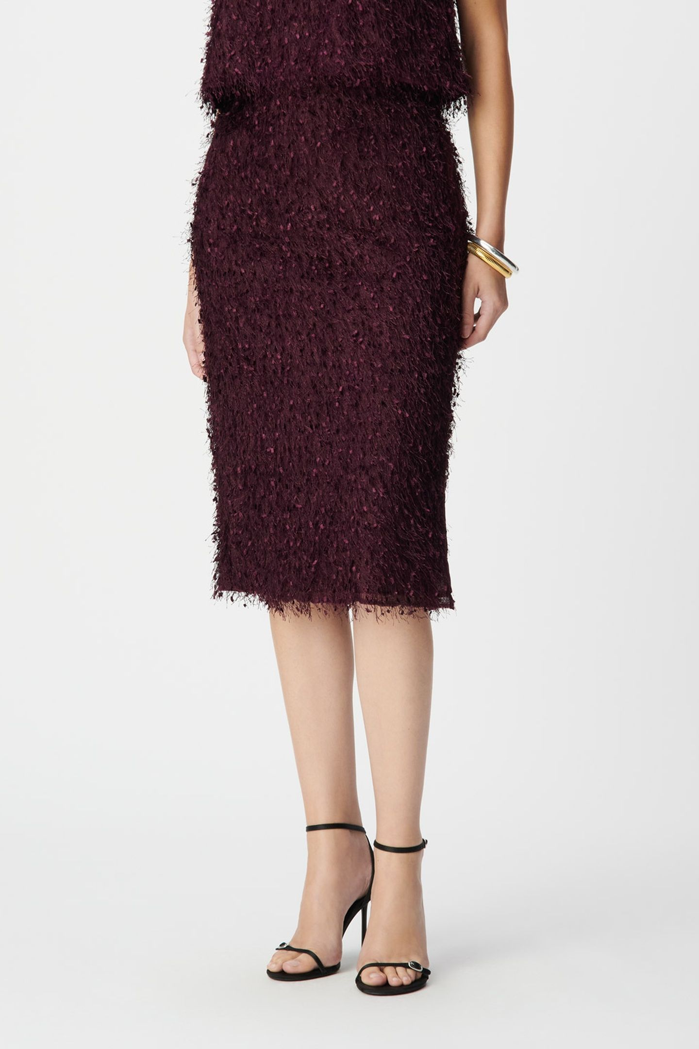BURGUNDY FEATHER-EFFECT SPLIT PENCIL SKIRT 1