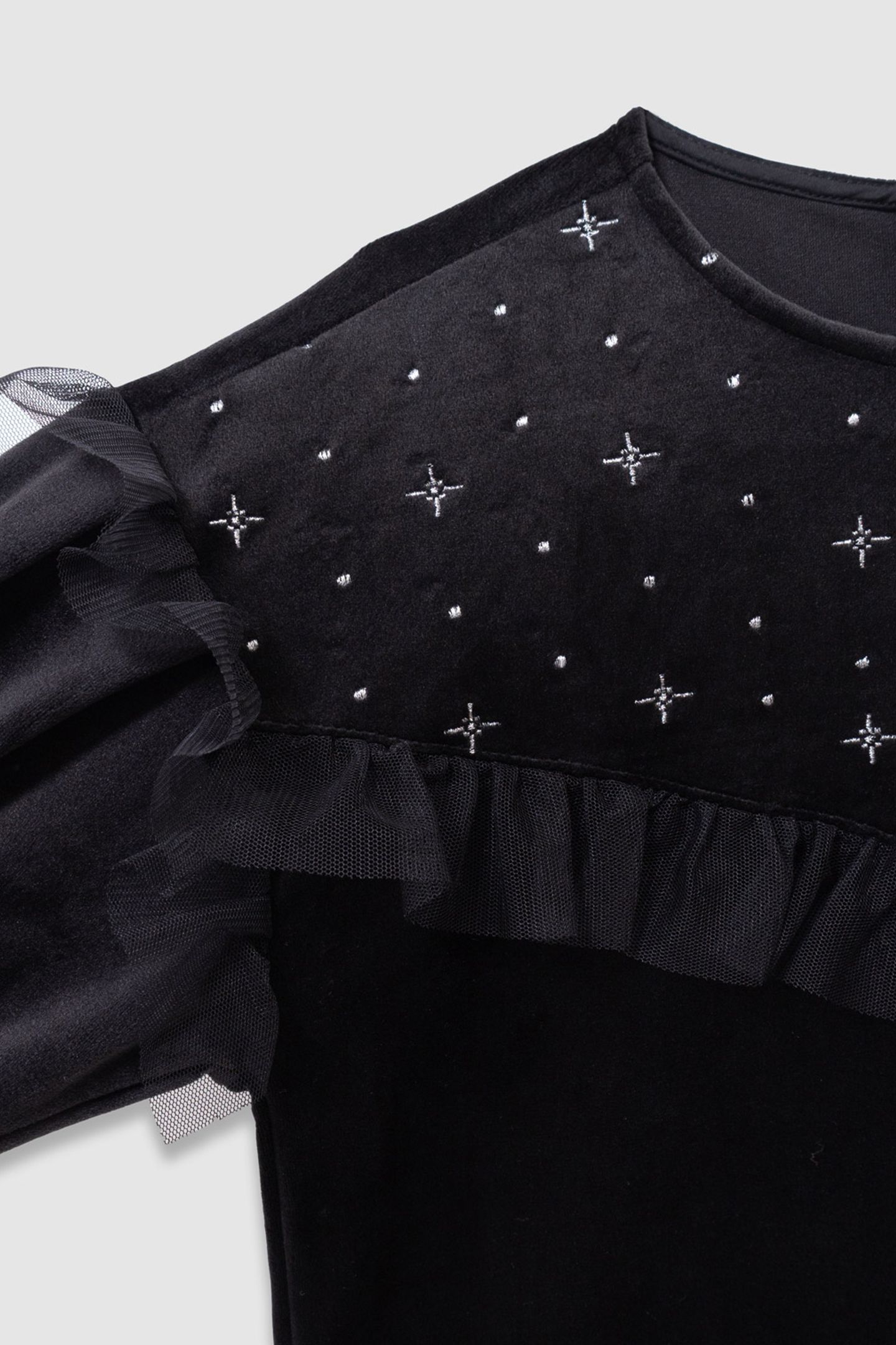 GIRLS’ BLACK EMBROIDERED VELVET DRESS WITH TULLE RUFFLES 4