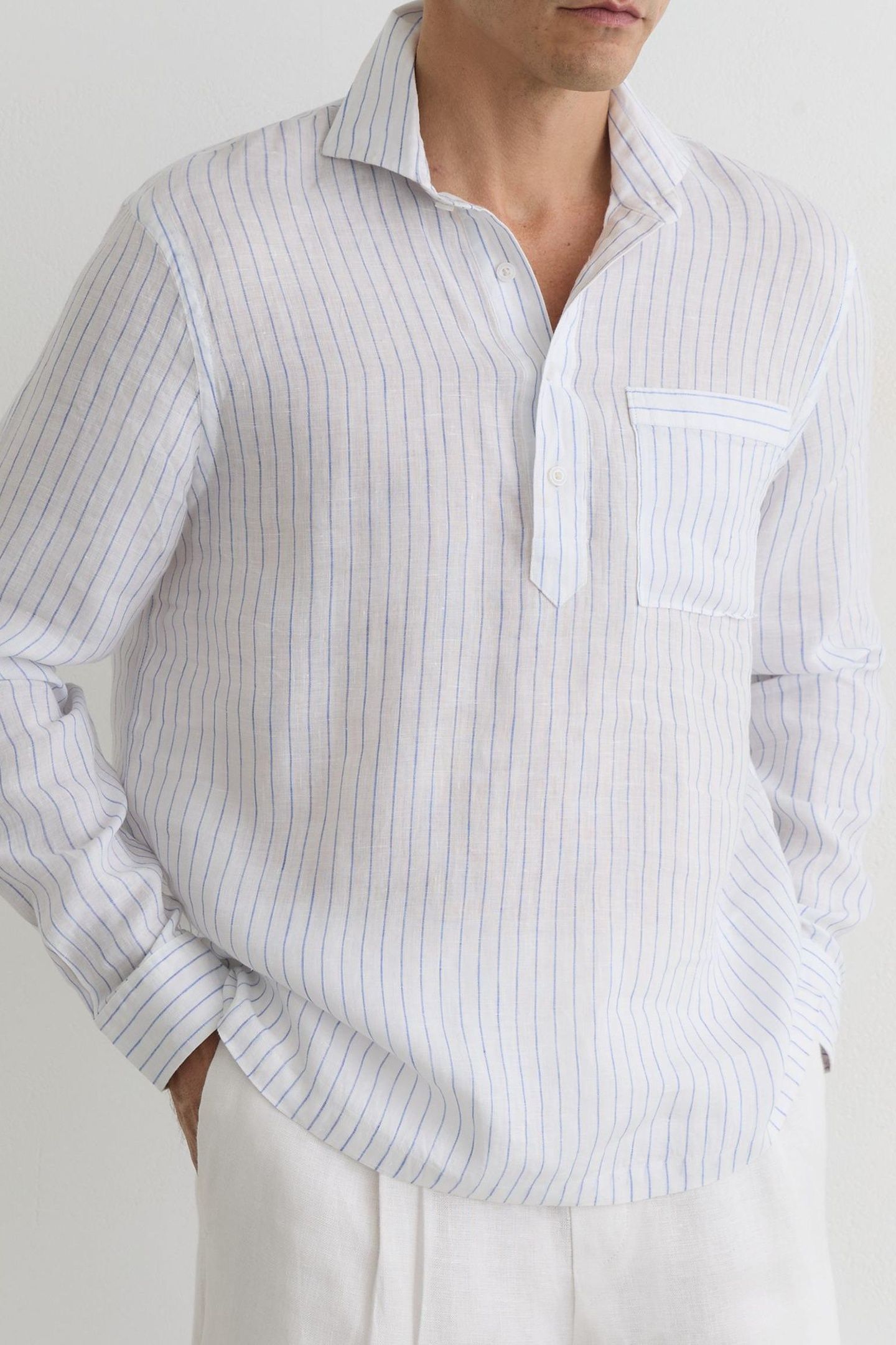 LS HALF BUTTON LINEN SHIRT AIRFORCE BLUE/WHITE STRIPE 1