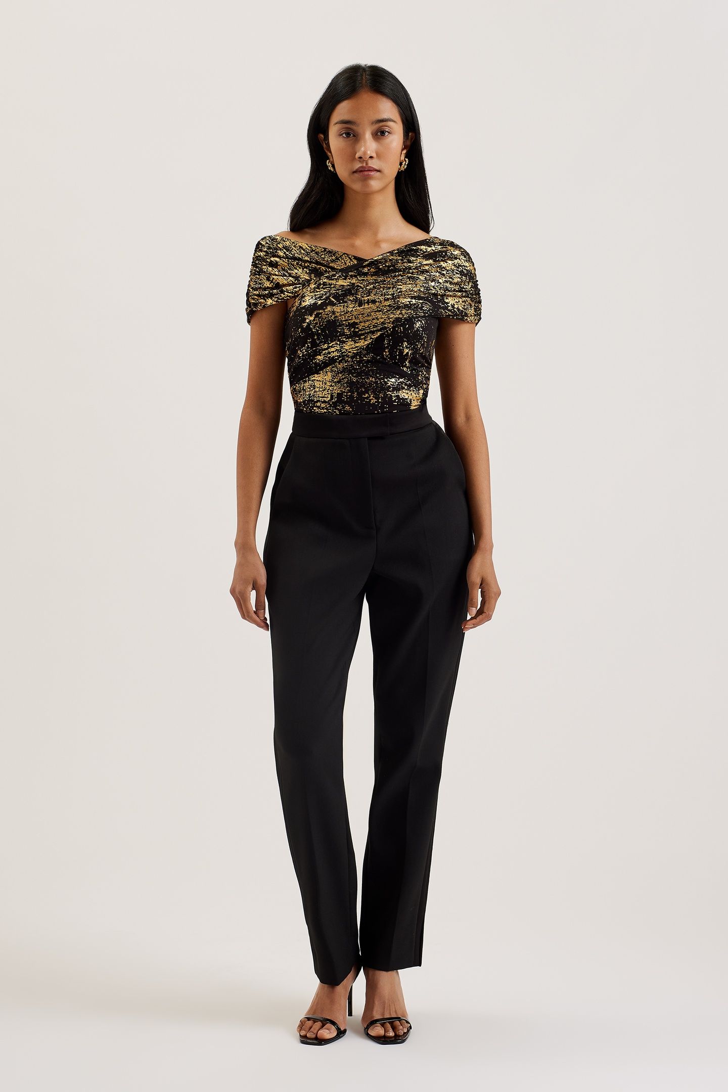 TALULAR BARDOT FOIL PRINTED MESH TOP BLACK 1