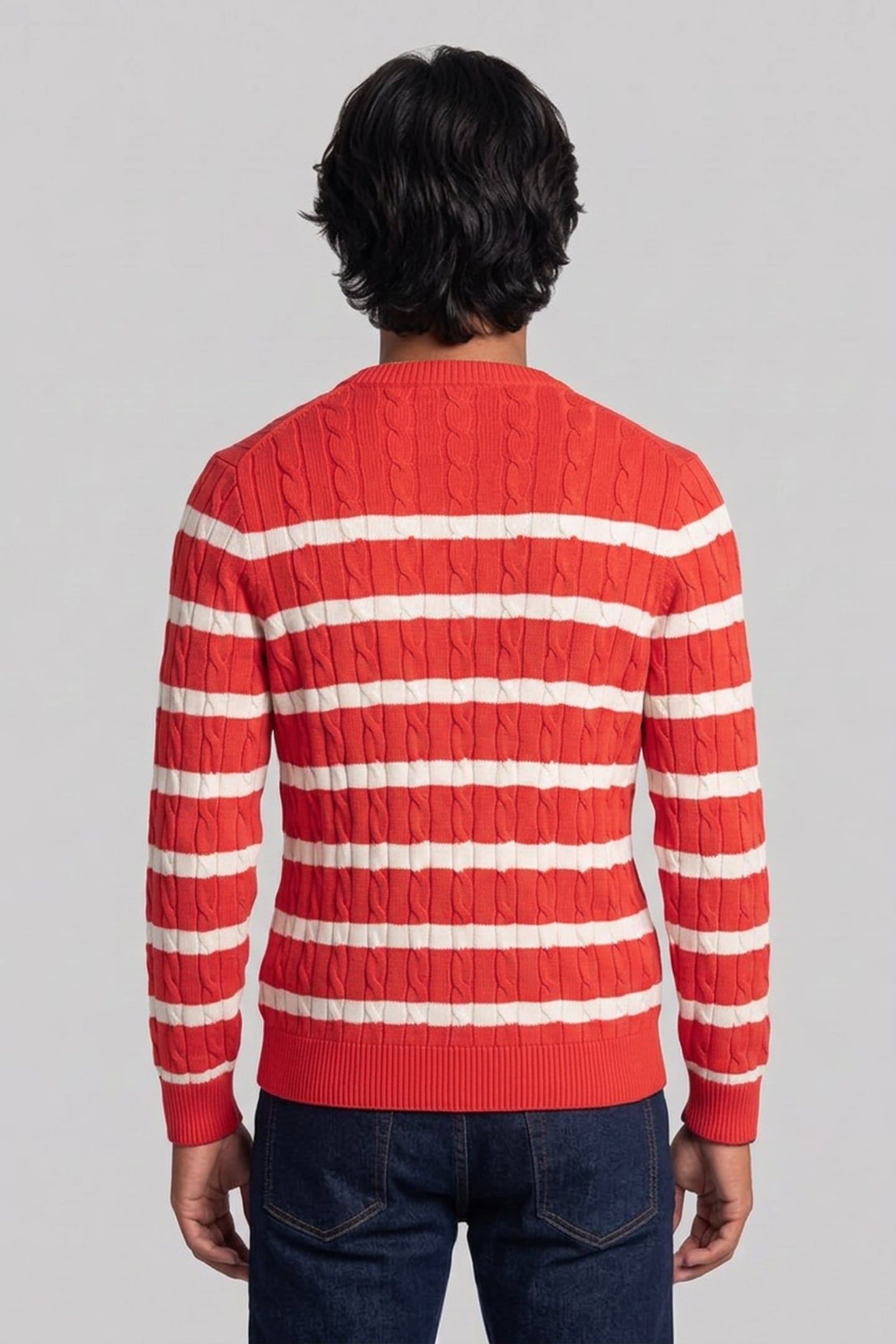 STRIPED COTTON CABLE C-NECK ROSE RED 2
