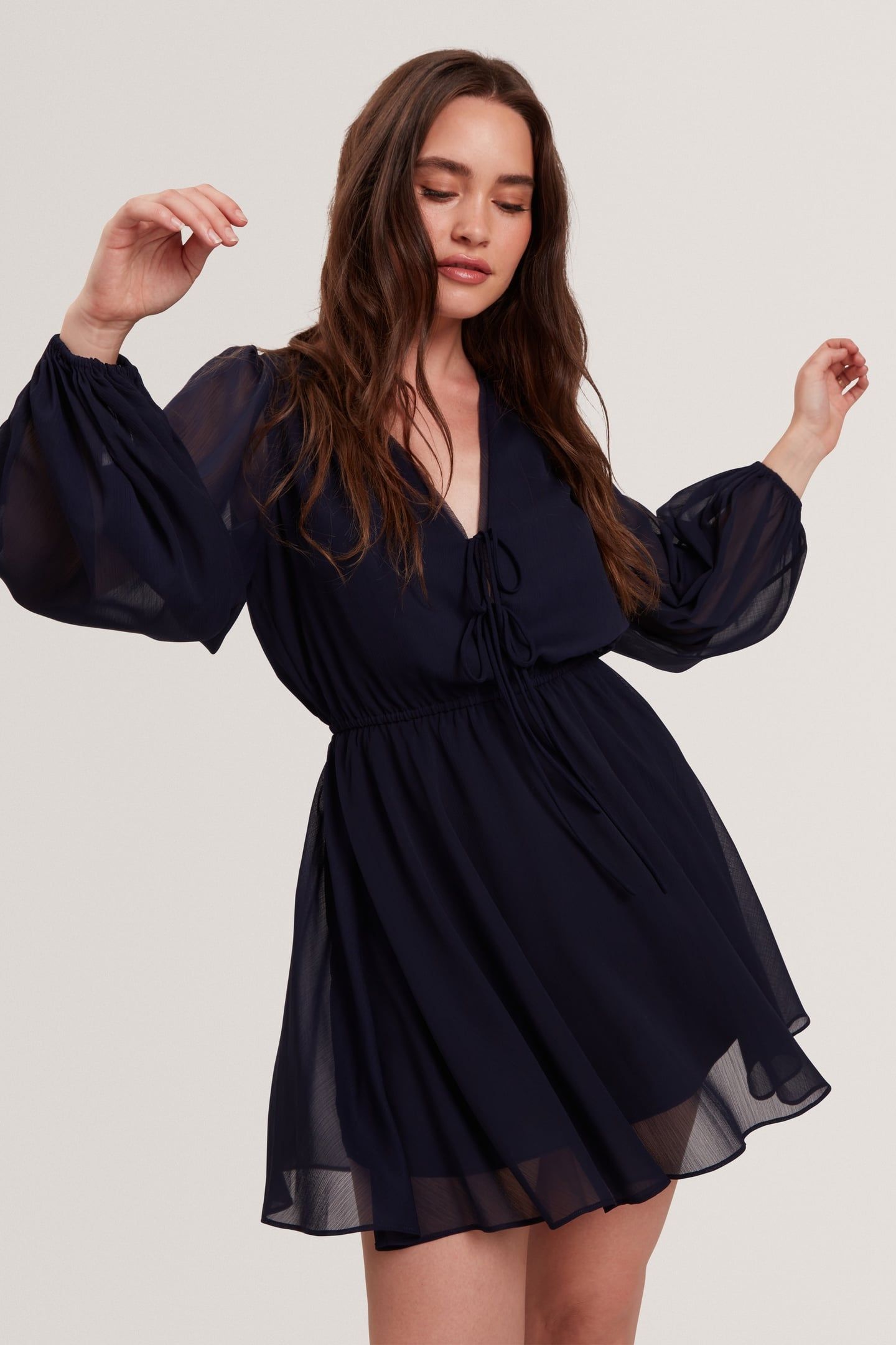 PRINTED TIE FRONT LONG SLEEVE MINI DRESS NAVY 2