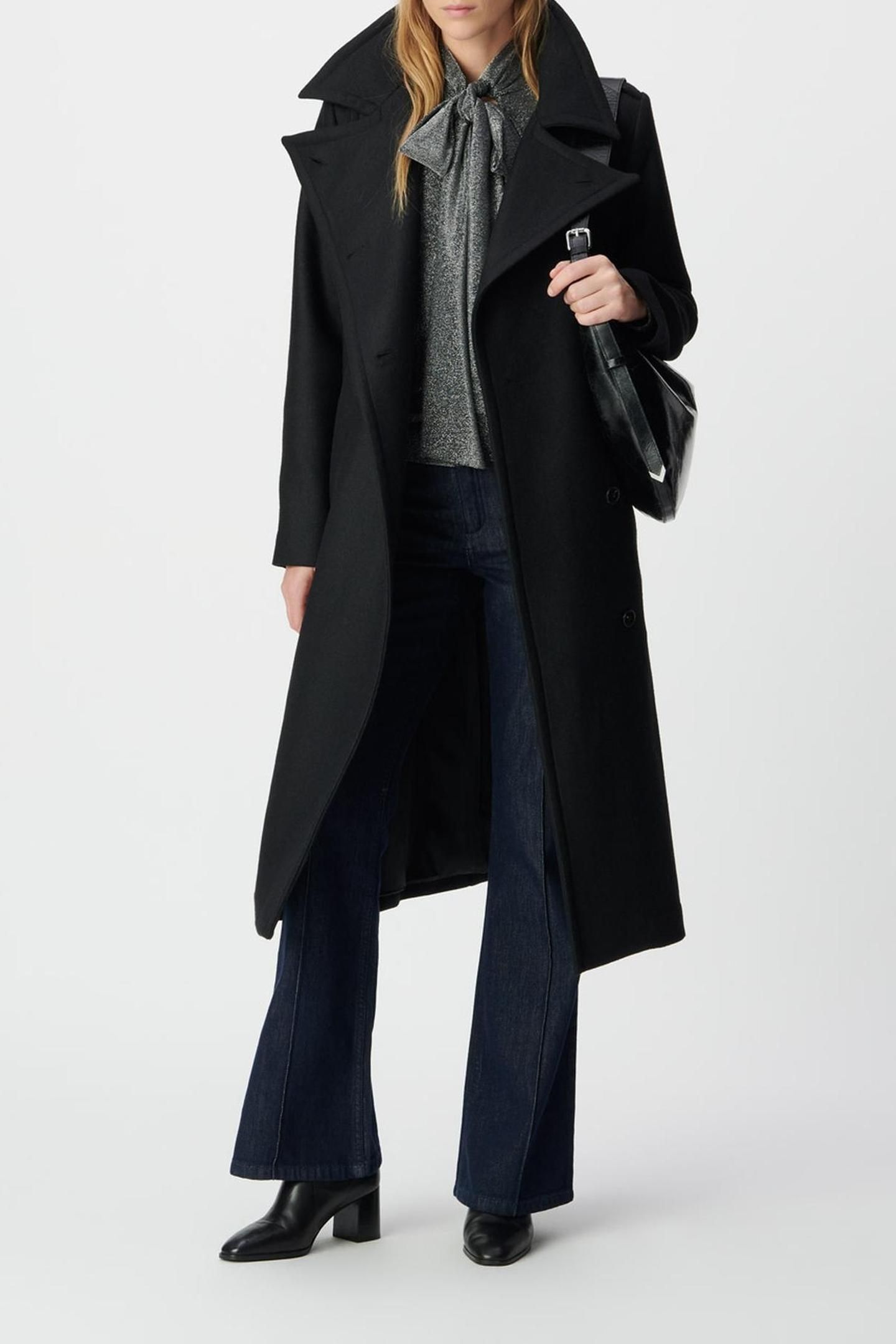 BLACK WOOLCLOTH BELTED PEA COAT-STYLE LONG COAT 4