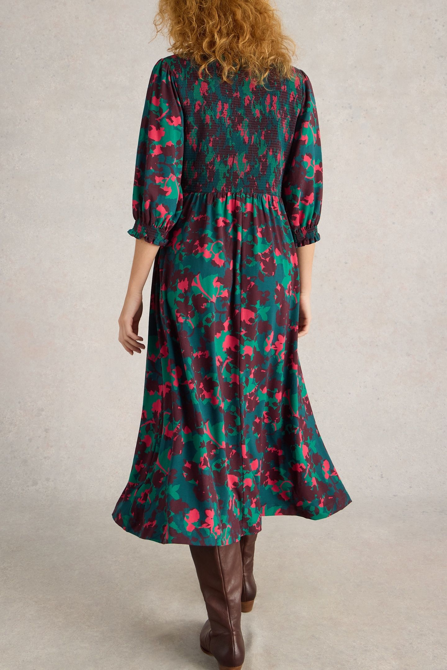 EMILY SHIRRED JERSEY DRESS PLUM MLT 3