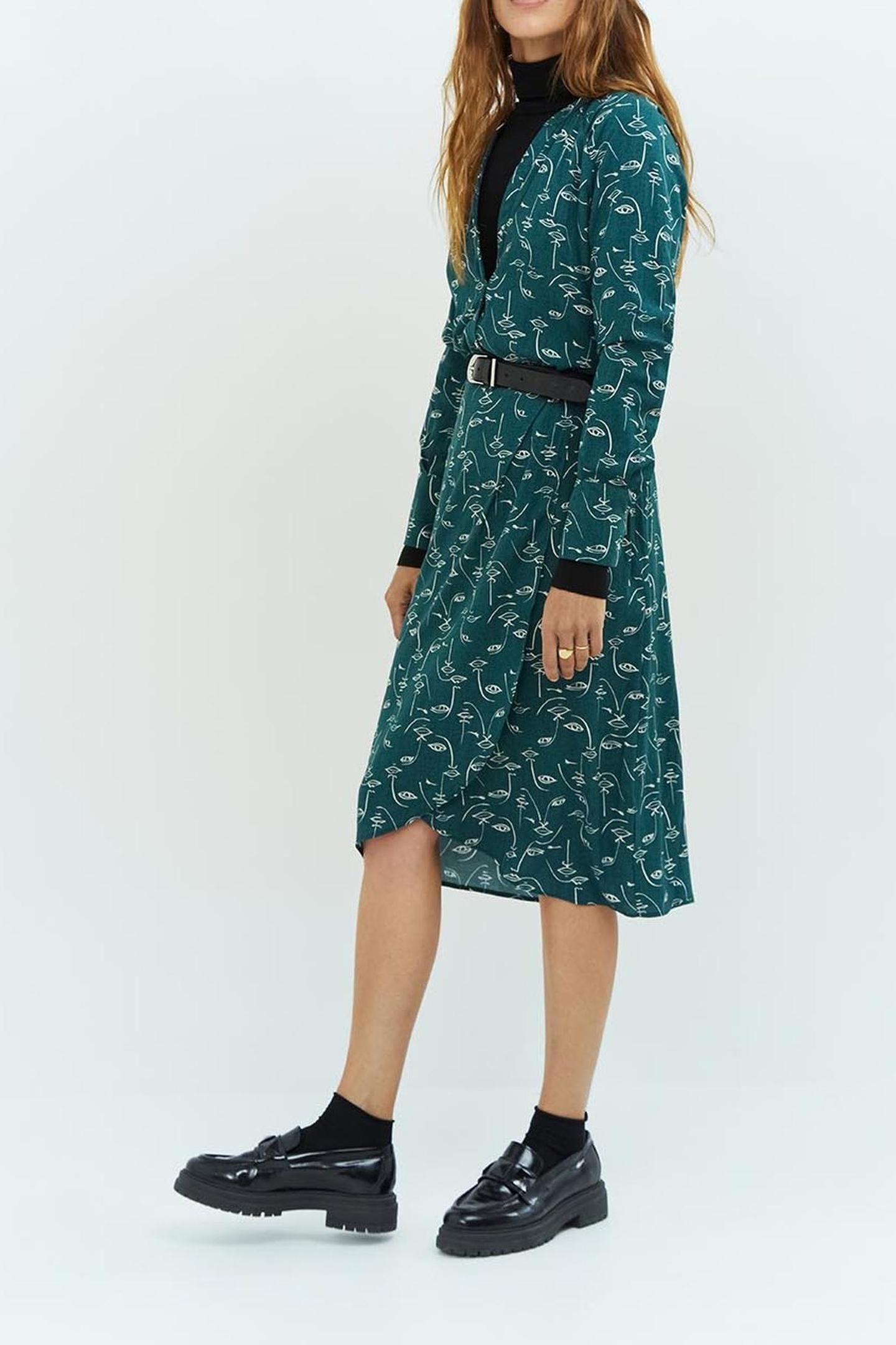 REVERDY _ CEDAR GREEN MIDI DRESS WITH FACE PRINT 3