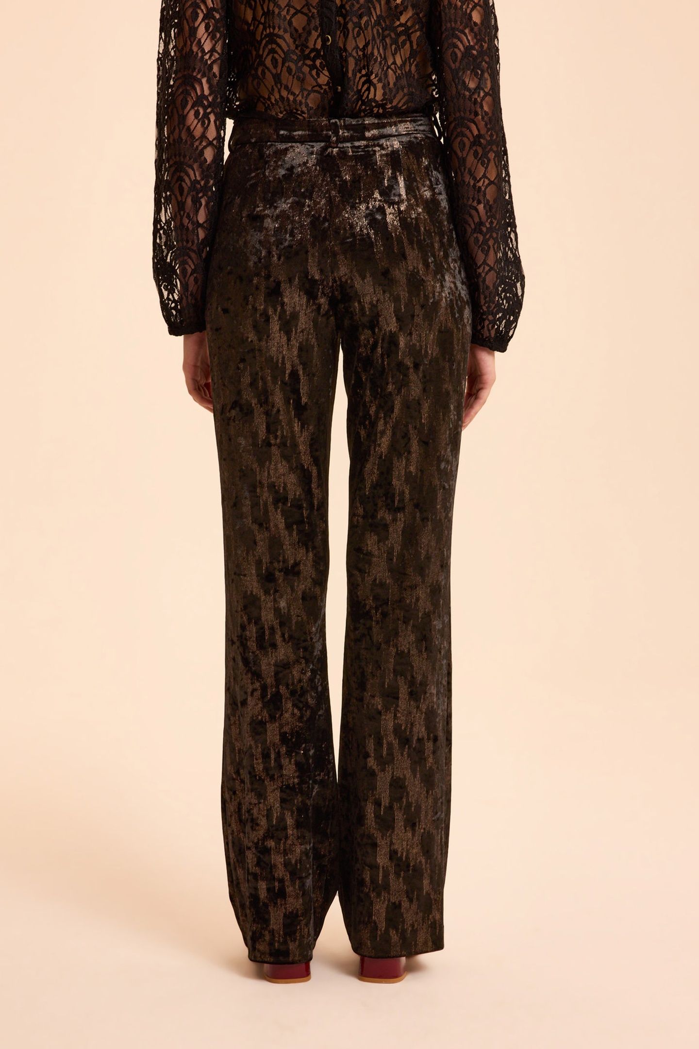 BLACK VELVET TROUSERS WITH TACHIST MOTIF 2