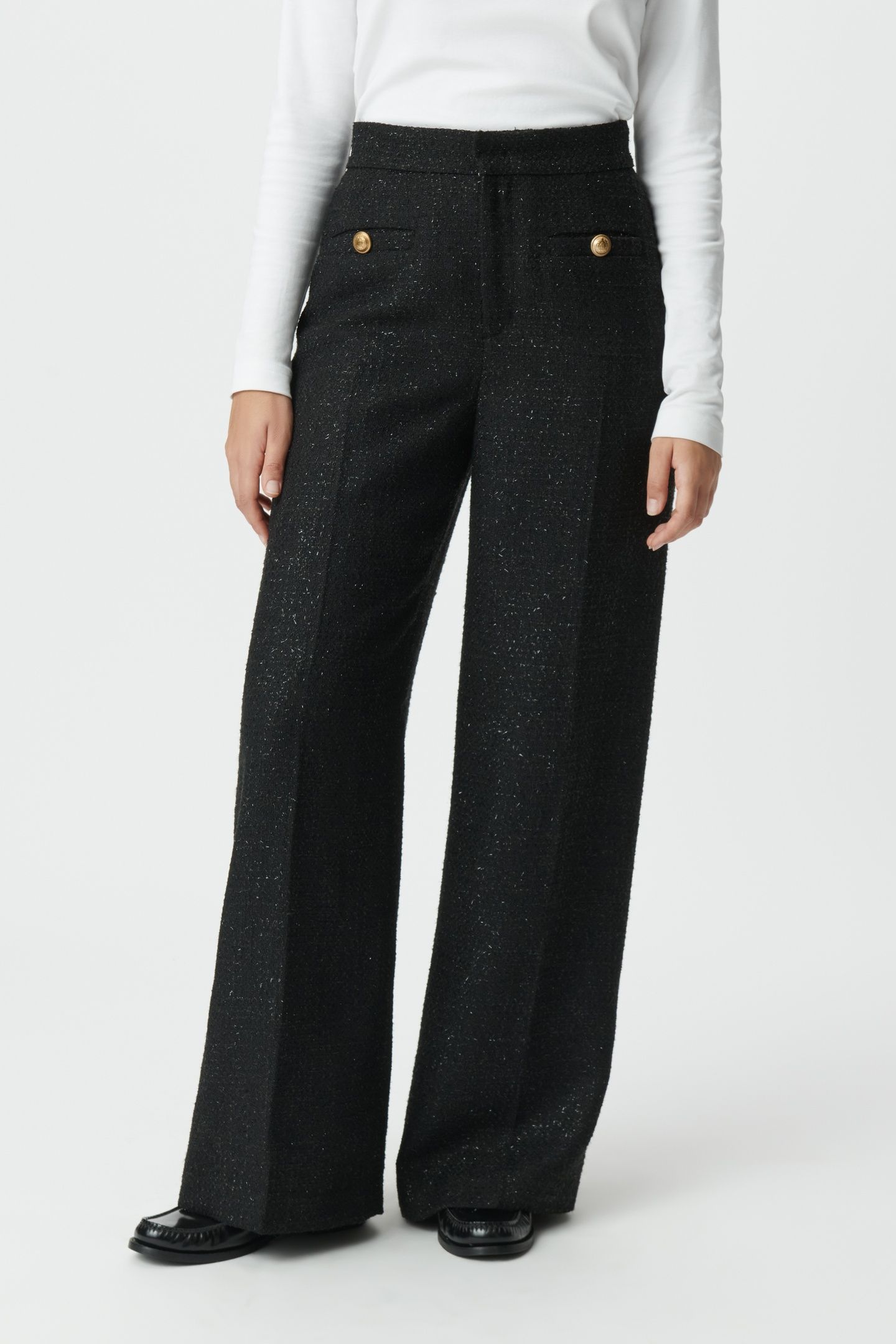 BLACK GLITTER TWEED-STYLE WIDE-LEG TROUSERS 1