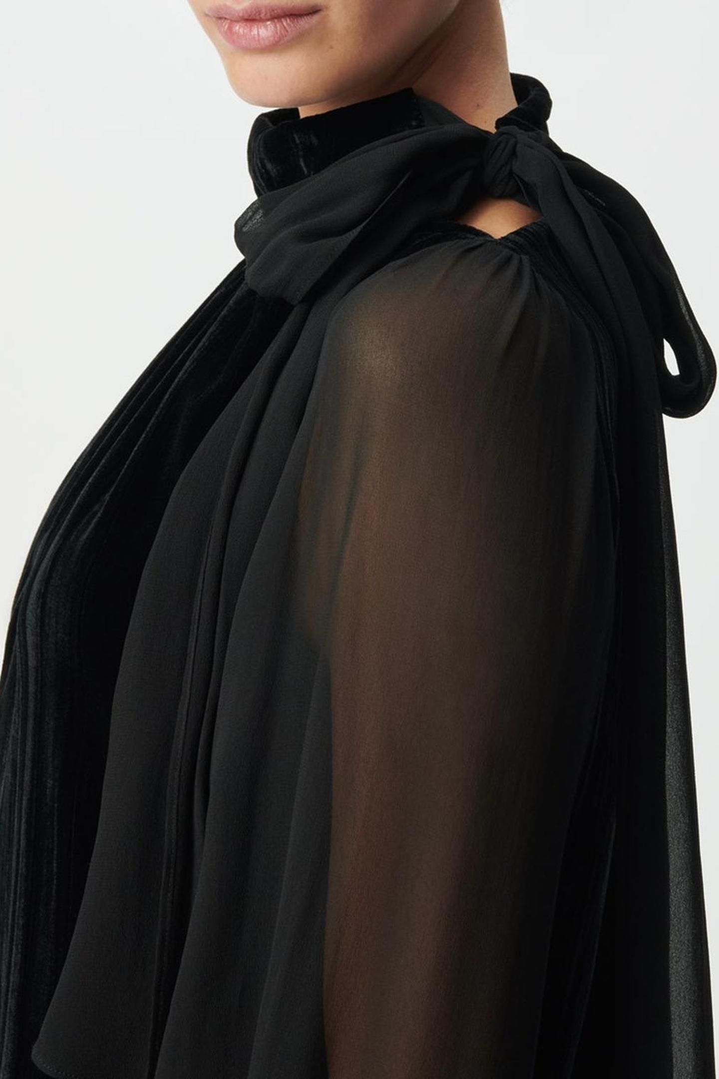 BLACK CRUSHED VELVET AND VOILE MIXED FABRIC DRESS 5