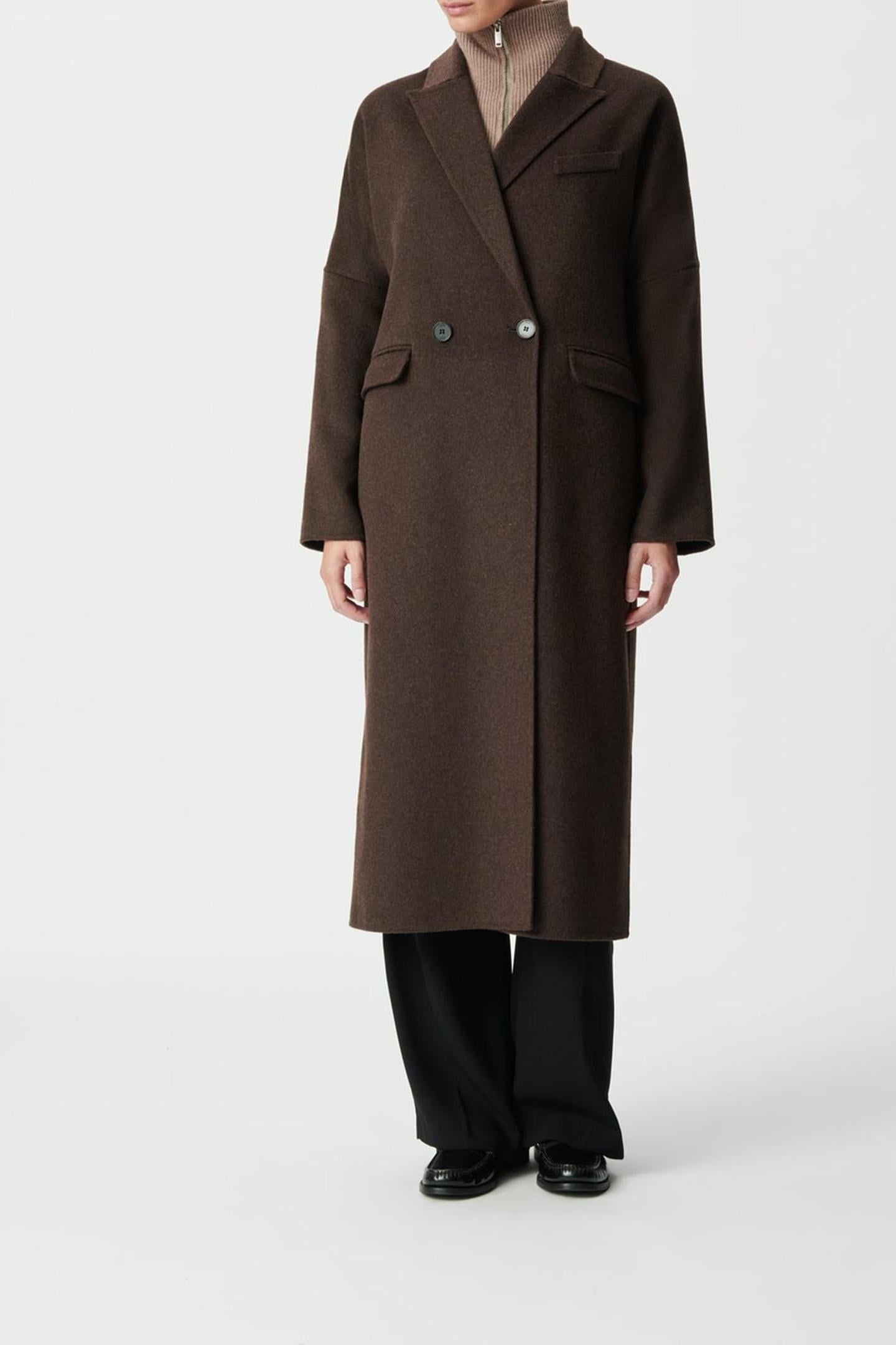 BROWN SUPPLE DOUBLE-BREASTED LONG COAT 1