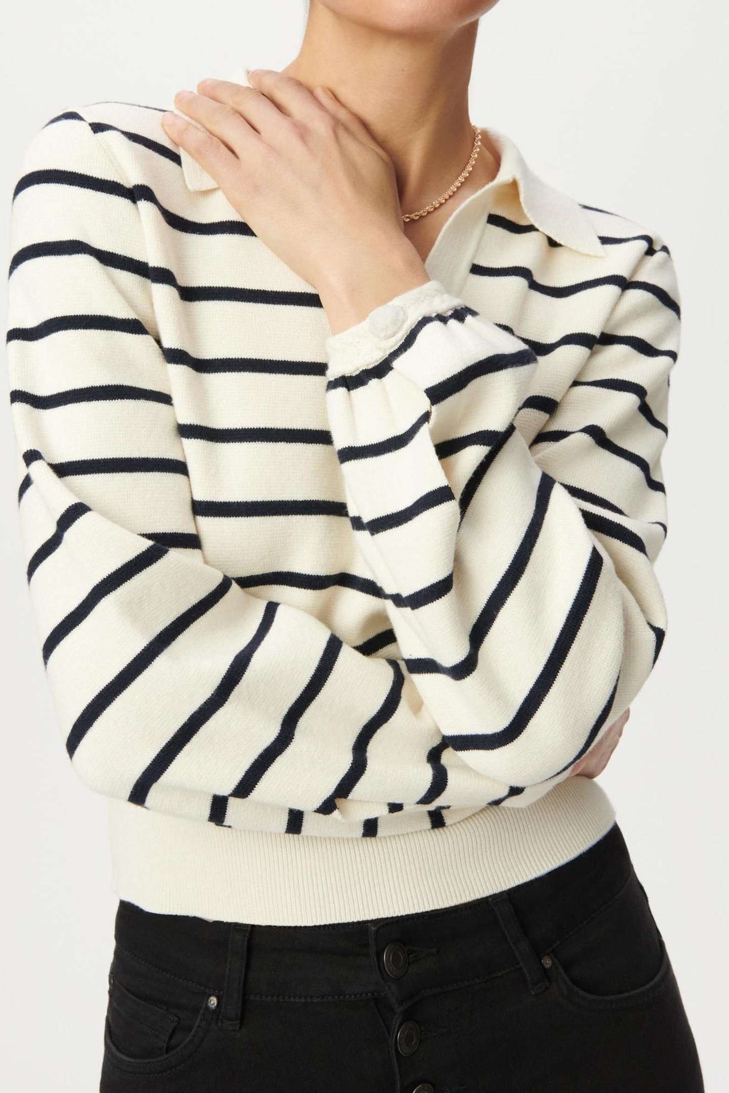 WHITE KNIT SAILOR-STRIPE SWEATER, POLO SHIRT NECK 4