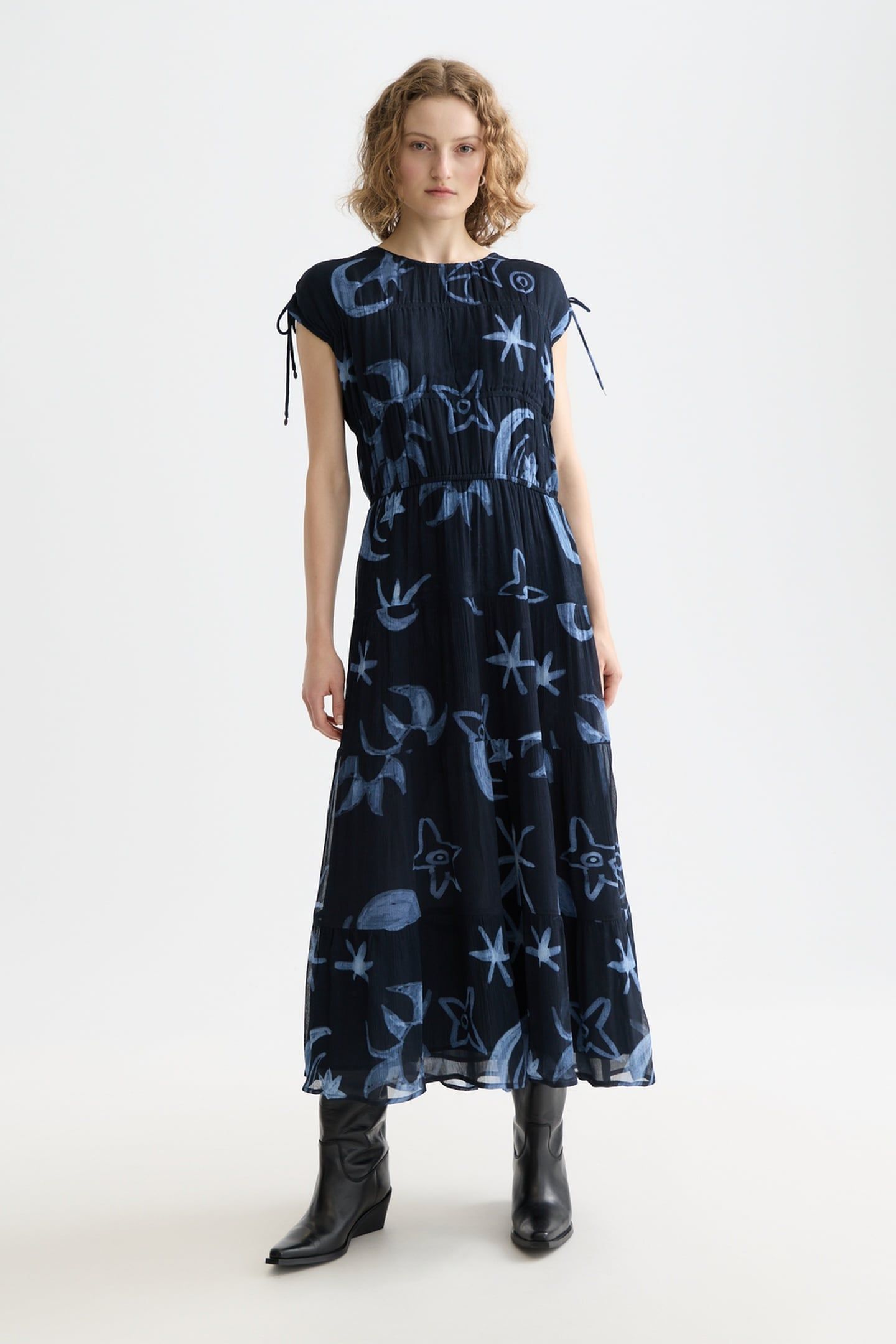GATHERED WITH TIES MIDI DRESS COSMIC SKY SPACED CARBON 1