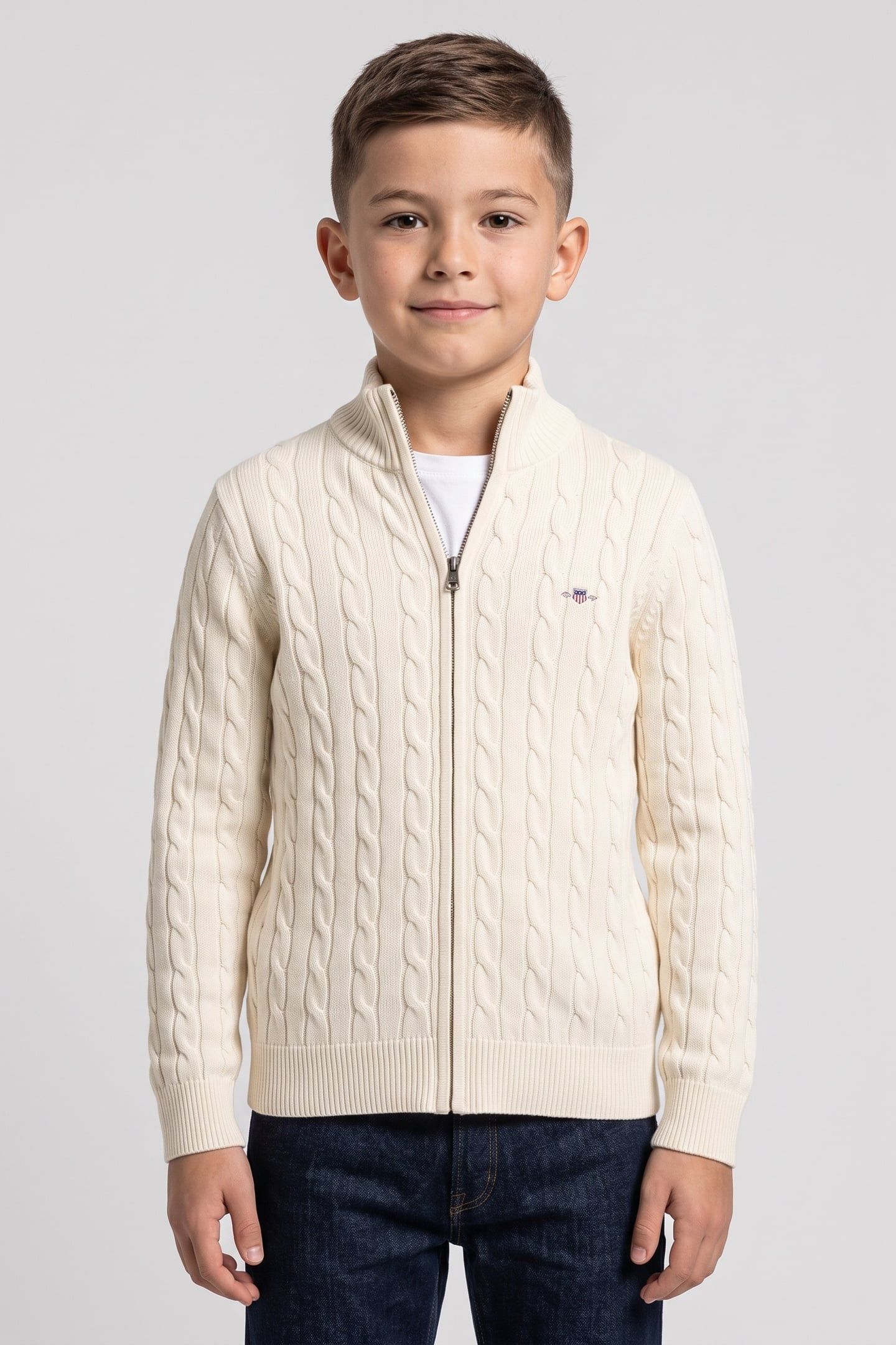 TEEN UNISEX COTTON CABLE FULL ZIP CARDIGAN CREAM 1