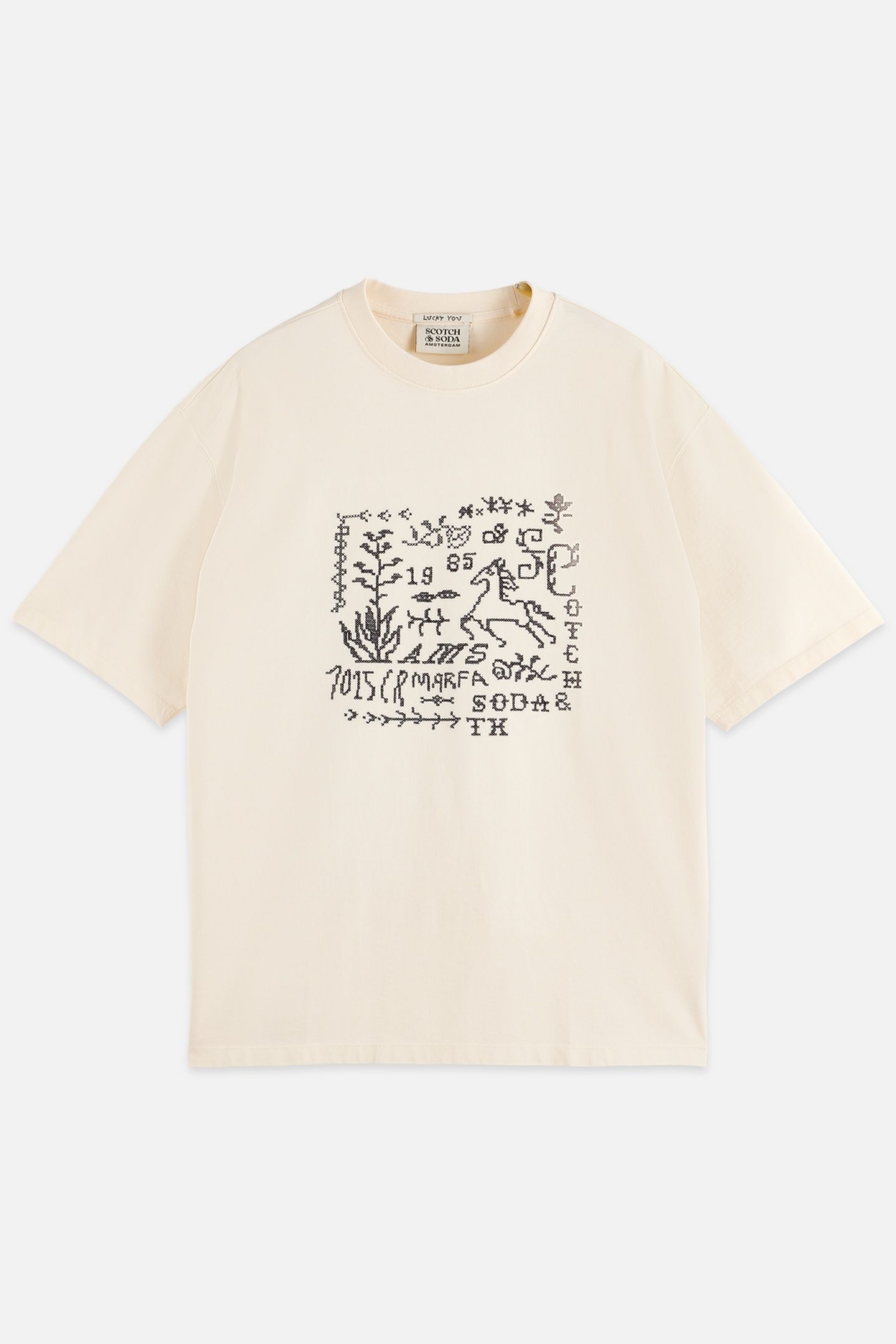 CROSS-STITCHED FRONT ARTWORK LOOSE-FIT T-SHIRT LIGHT BEIGE 4