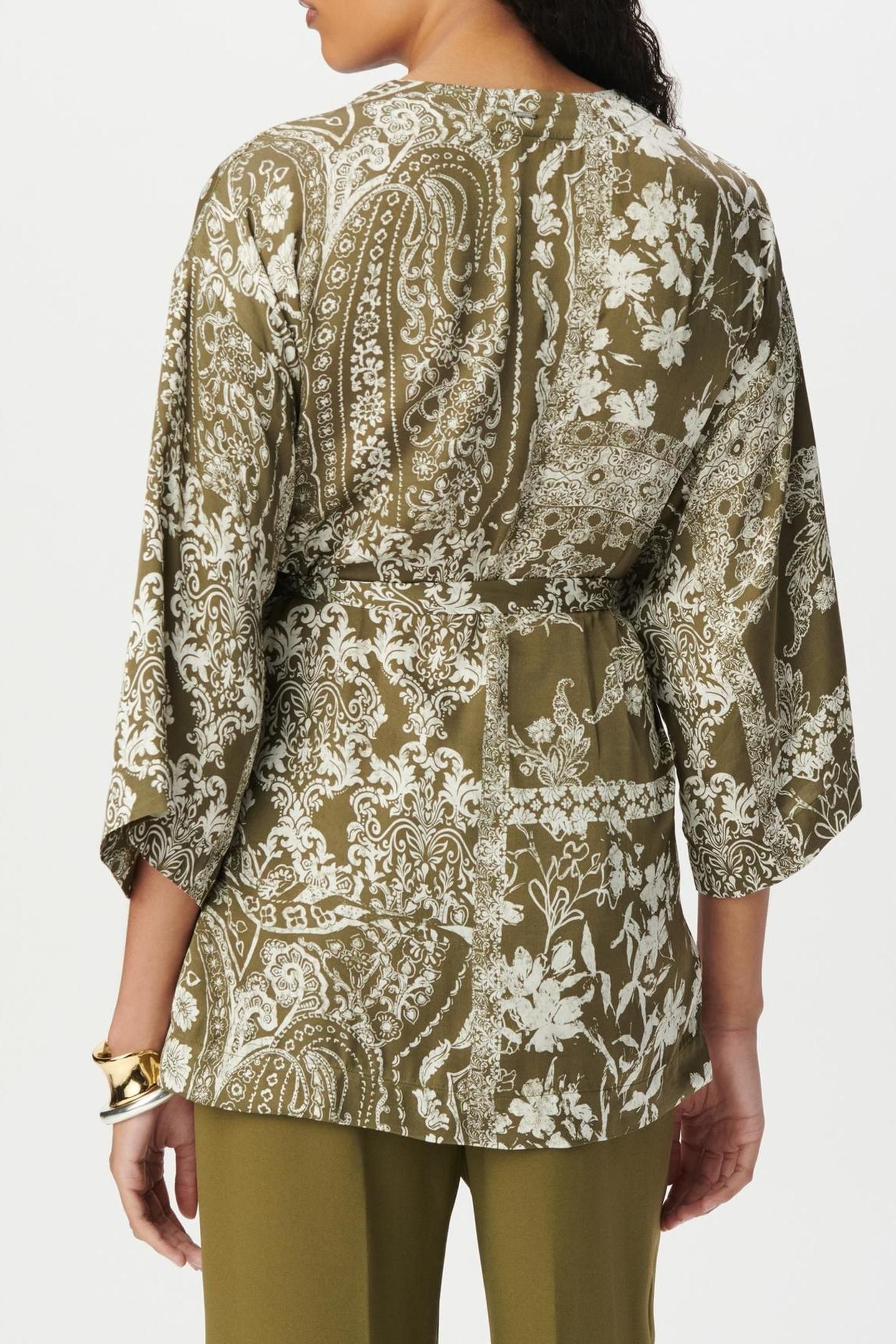 KHAKI KIMONO SHIRT WITH SCARF PRINT 2