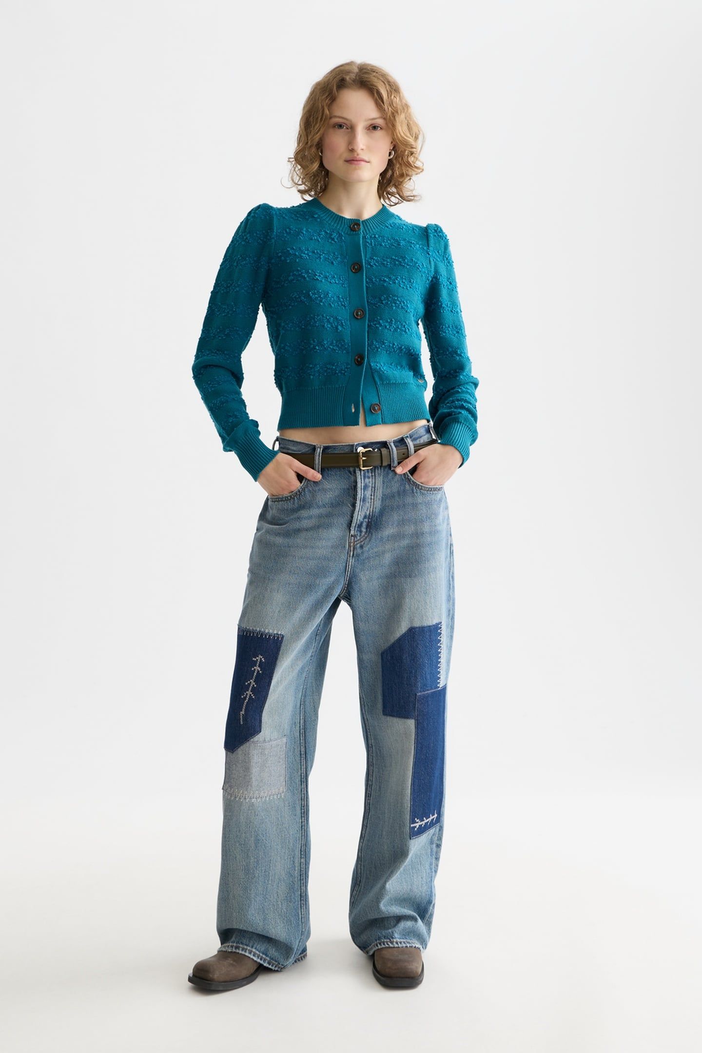 BOUCLÉ STRIPE CREW NECK CARDIGAN DEEP LAGOON 3