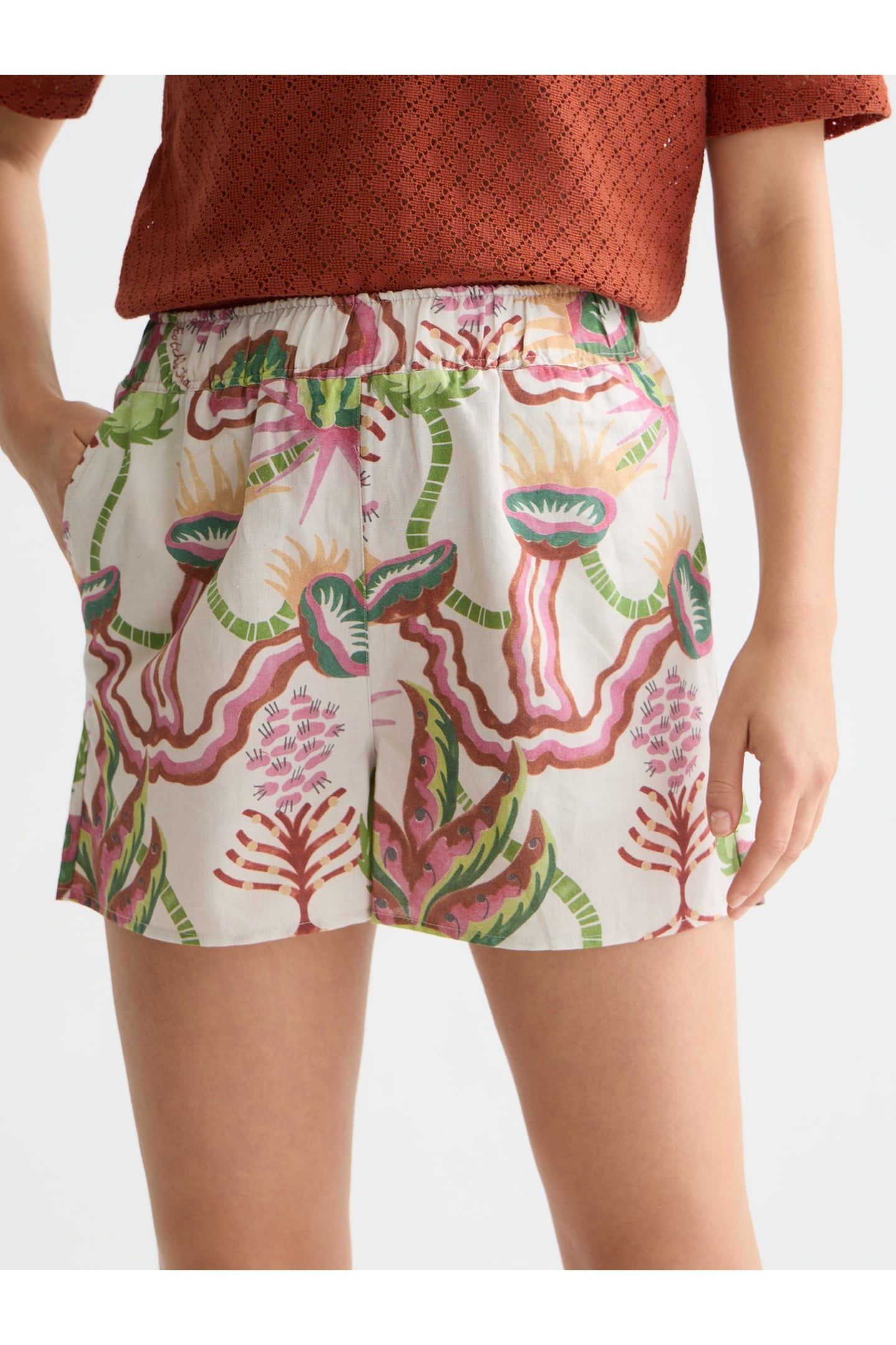 COTTON-LINEN ELASTIC WAIST SHORTS DESERT FLORAL CANYON CLAY 6