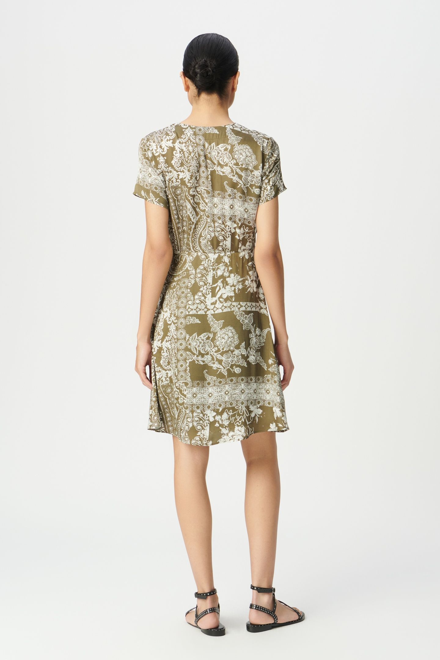 KHAKI FLOWING DRESS WITH SCARF PRINT 2