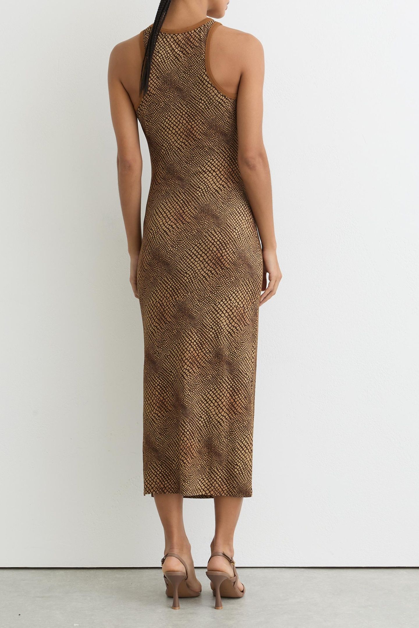 SNAKE PRINT JERSEY RACER DRESS BROWN 2