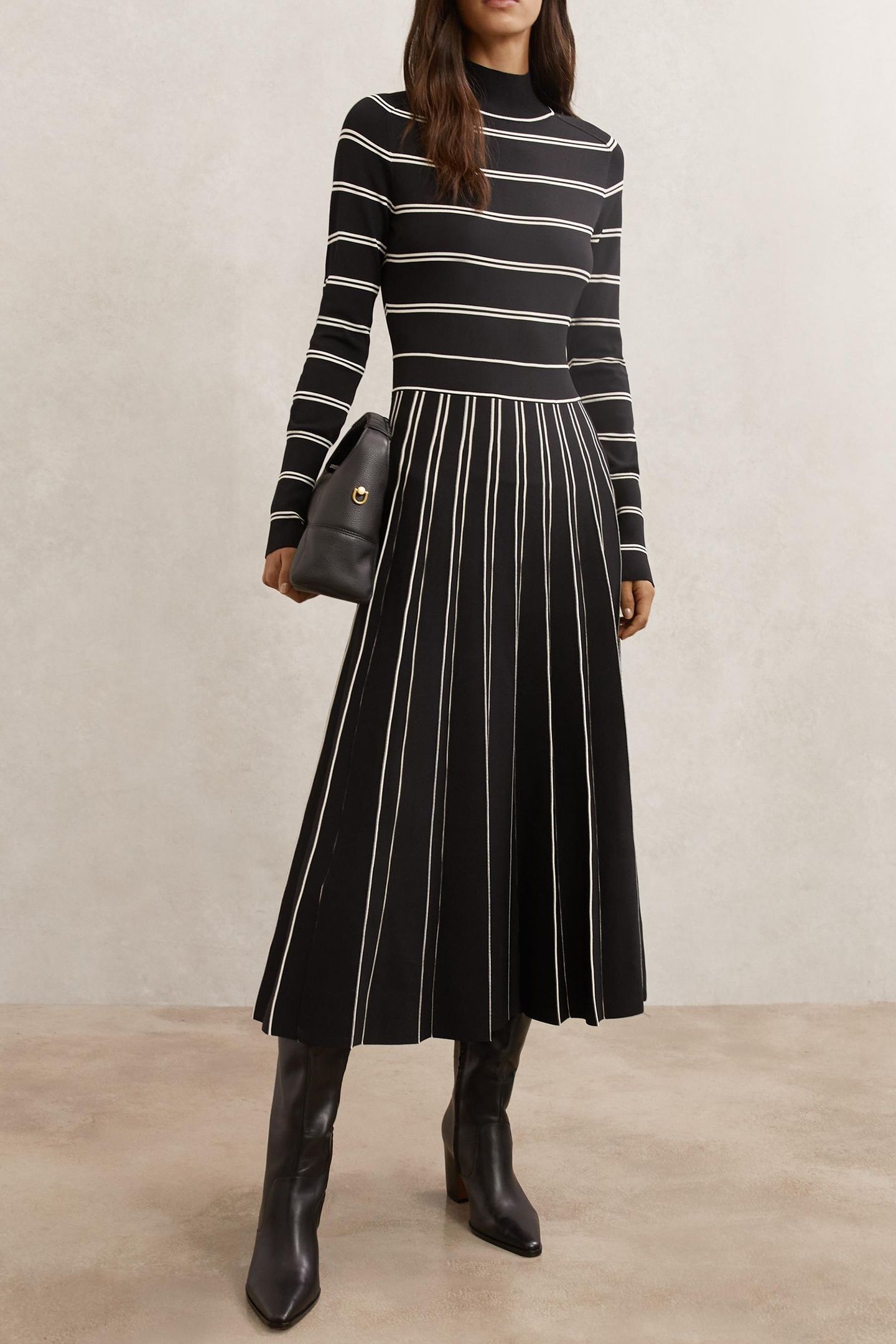 STRIPED PLEAT KNITTED MIDI DRESS BLACK/IVORY 1