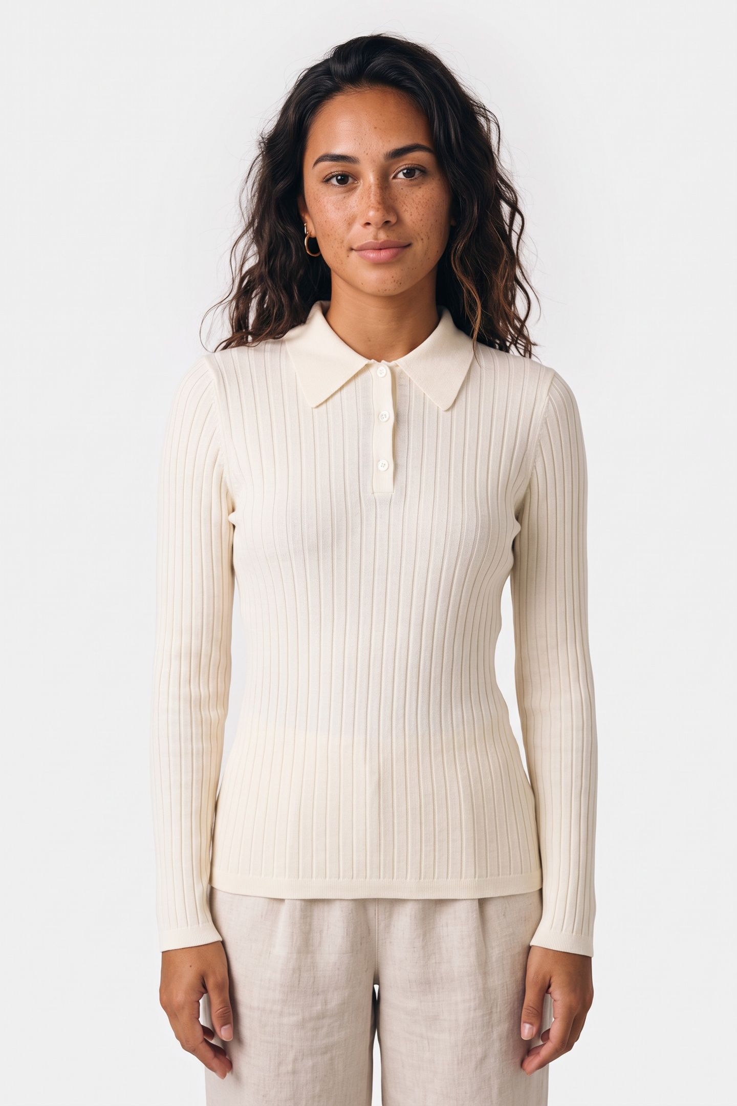 SWEATER SMALL-RIB POLO COLLAR ECRU 1