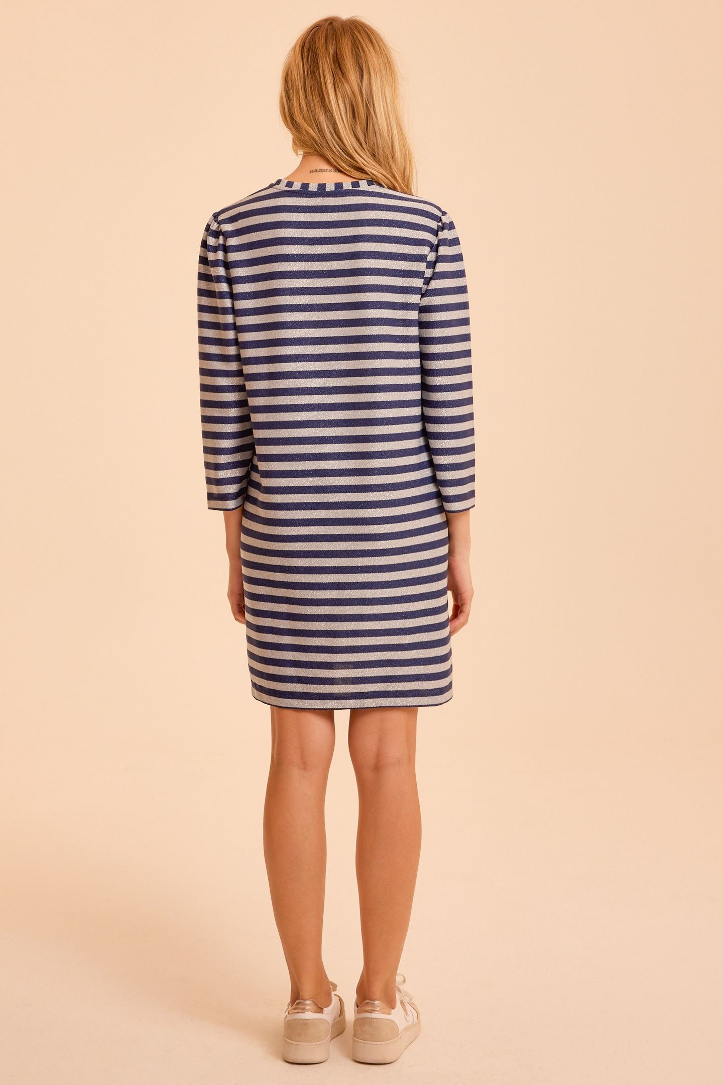NAVY DRESS WITH GREY LUREX STRIPES 2