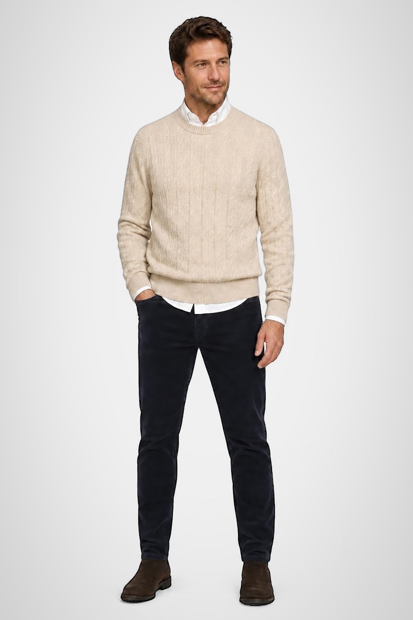 CABLE CREW NECK SWEATER STONE 2