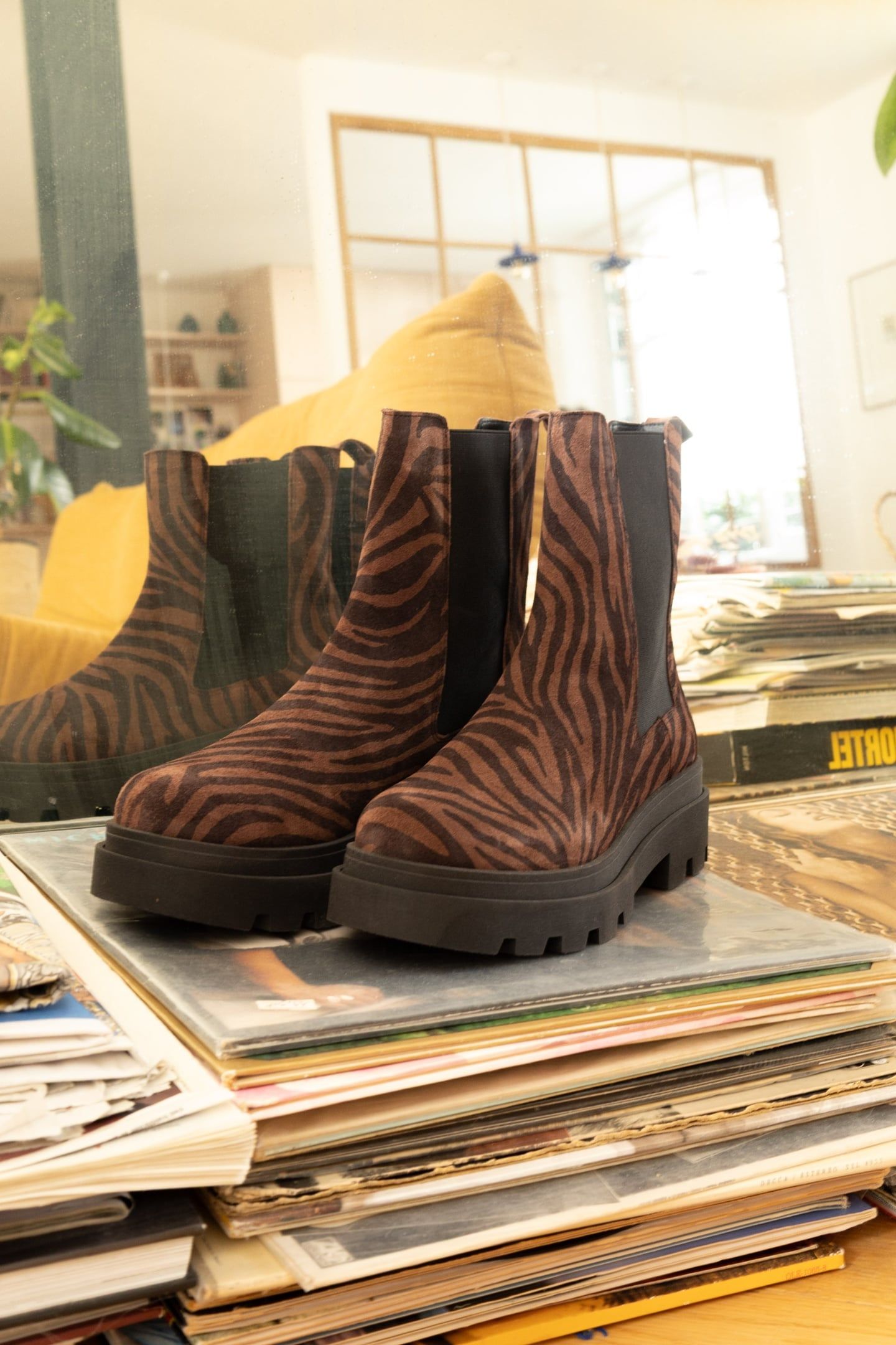 CHELSEA BOOTS BROWN LEATHER VELOUR ZEBRA PATTERN 8