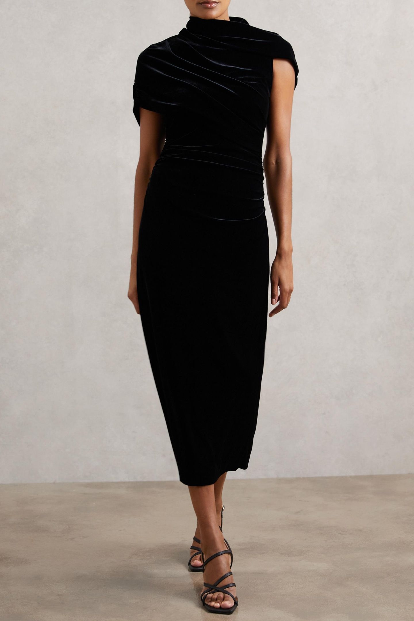 RUCHED VELVET MIDI DRESS BLACK 1