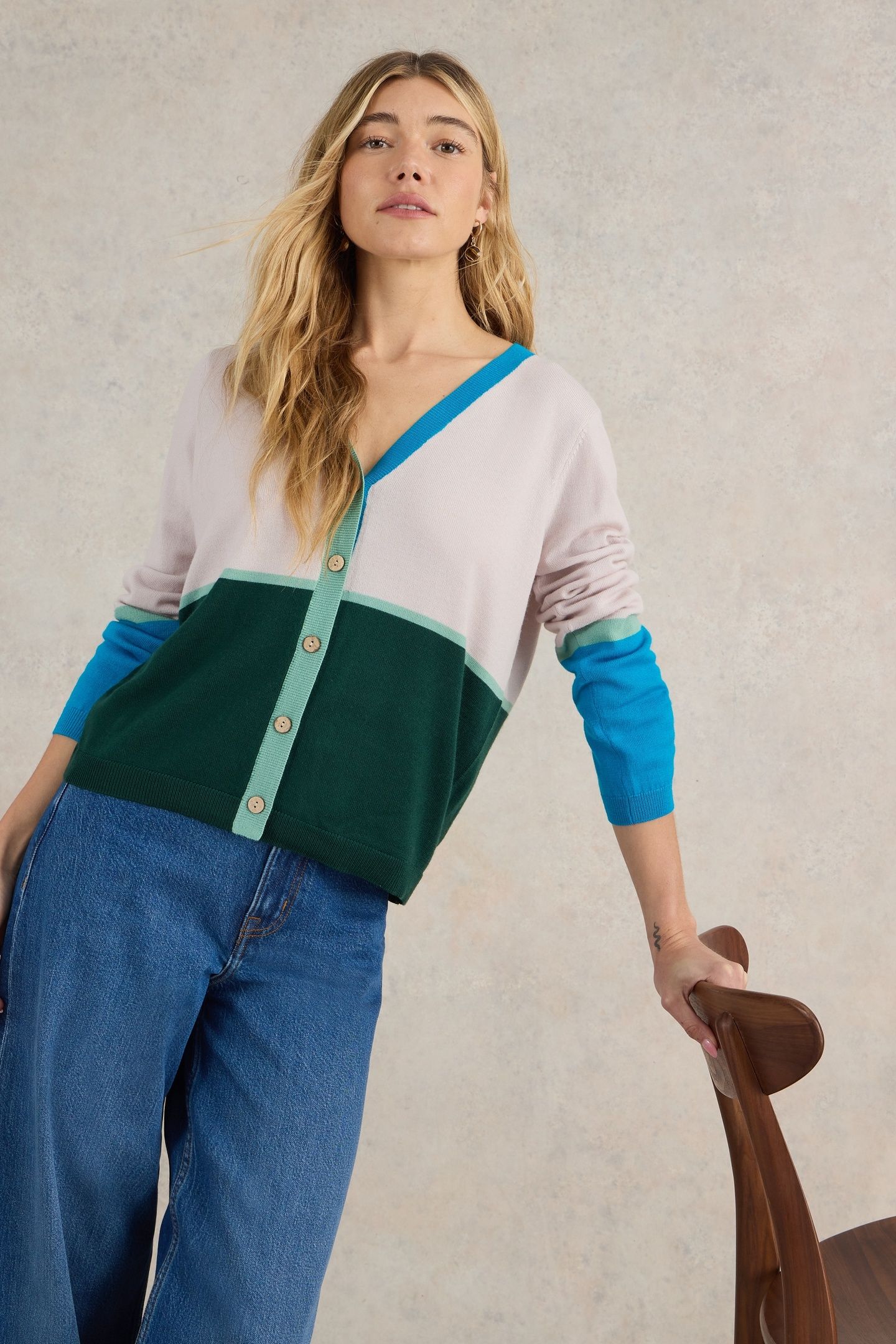 COLOUR BLOCK MERINO CARDI NAT MLT 2