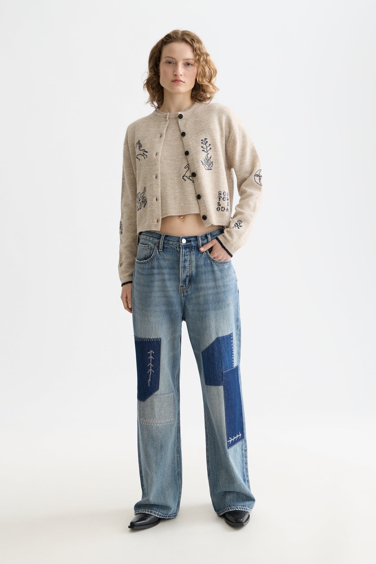 EMBROIDERED CREW NECK CARDIGAN OATMEAL MELANGE 3