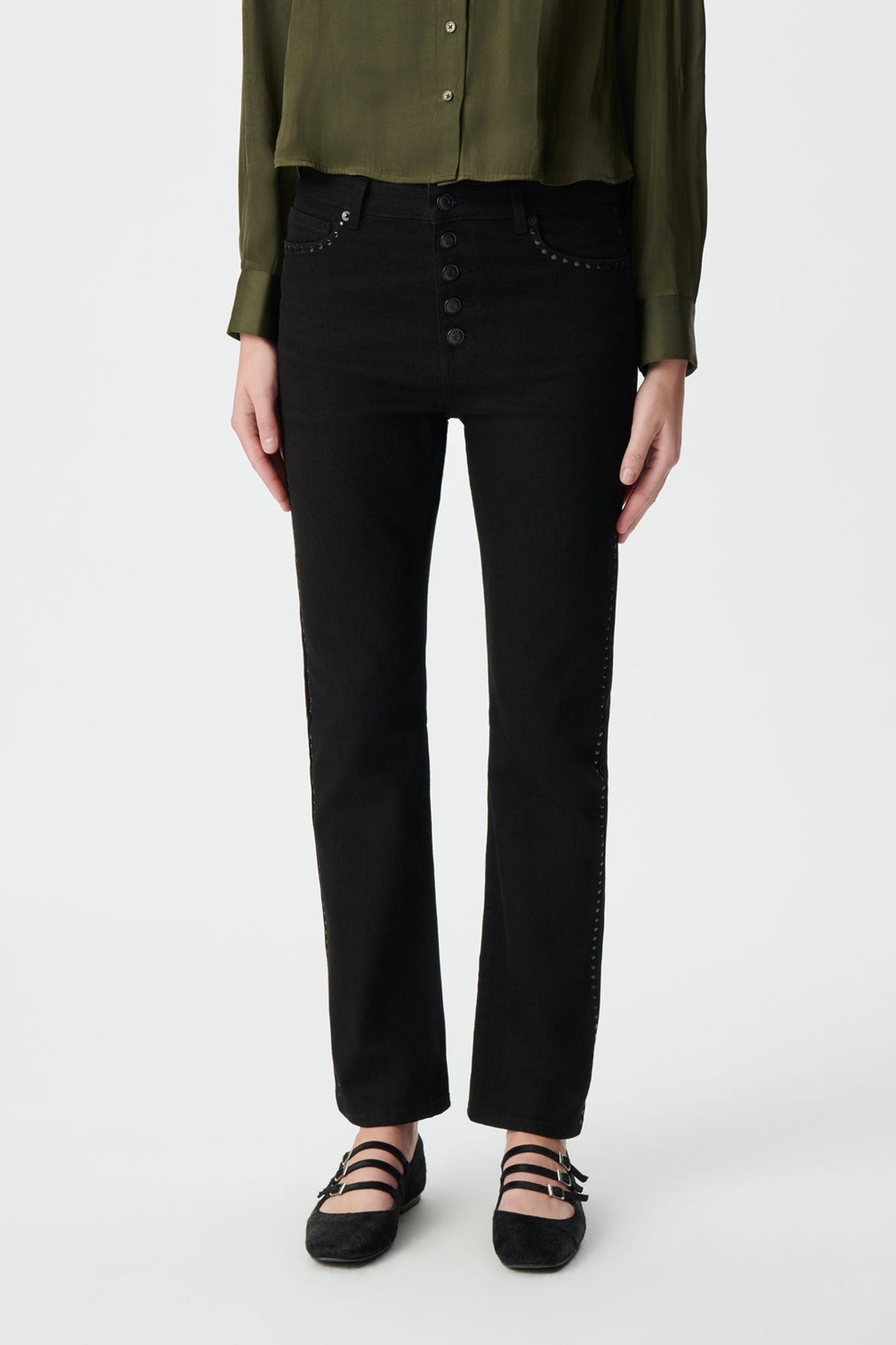 BLACK STUDDED CROPPED STRAIGHT JANIS JEANS 1