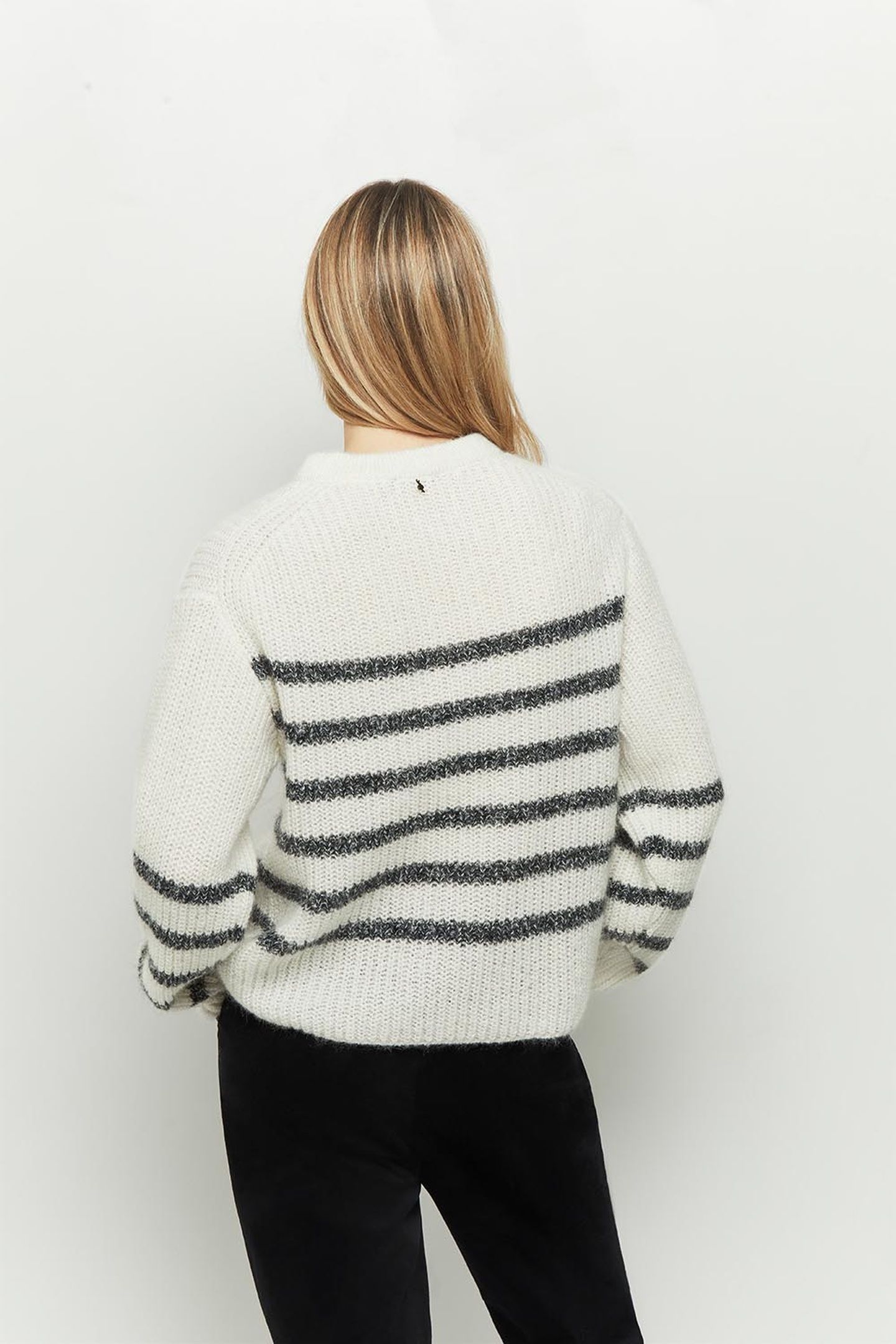 TALIA _ ECRU OPENWORK KNIT SWEATER WITH NAVY STRIPES 2