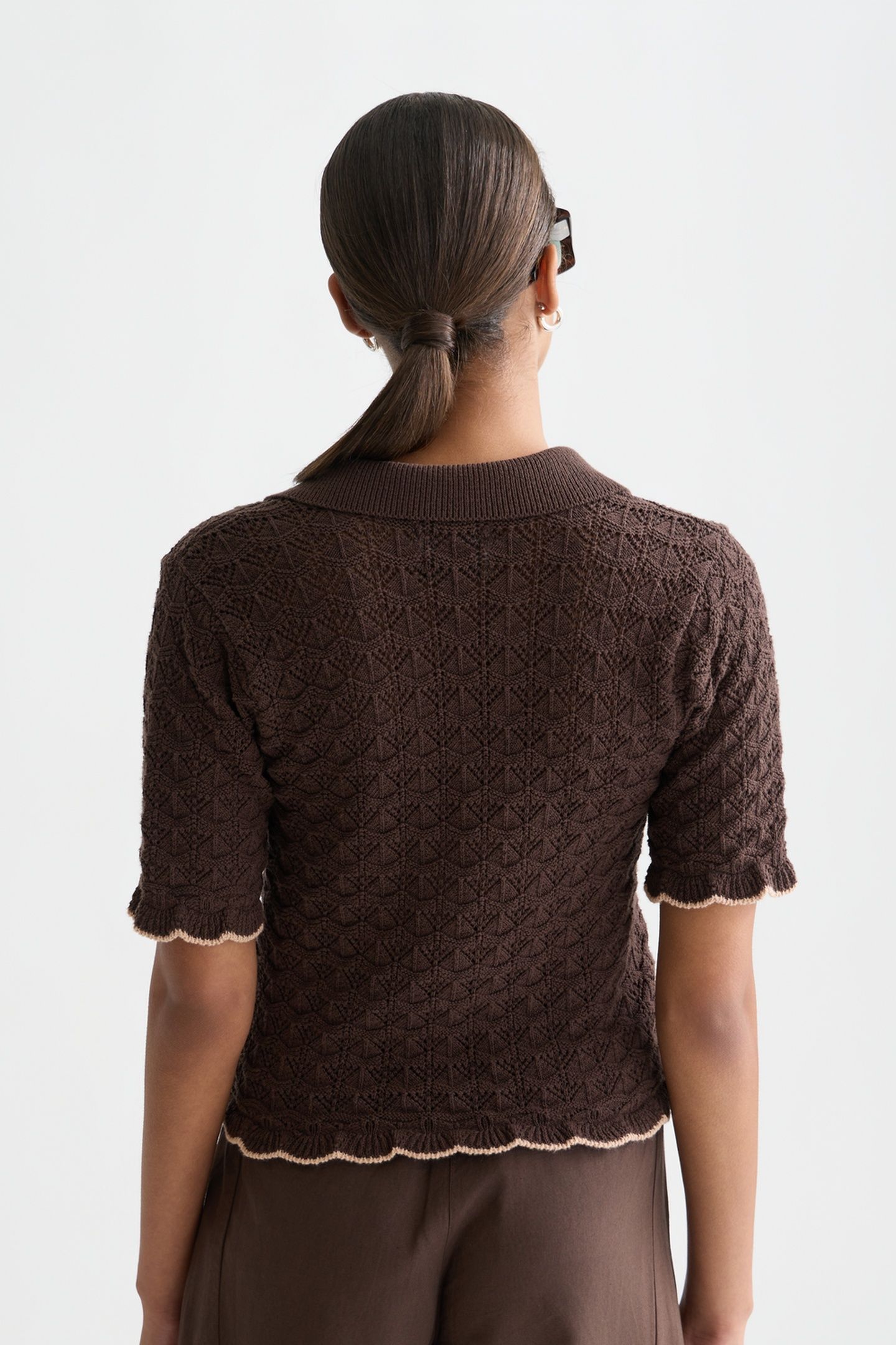 POINTELLE SHORT SLEEVE CARDIGAN HOT FUDGE 2