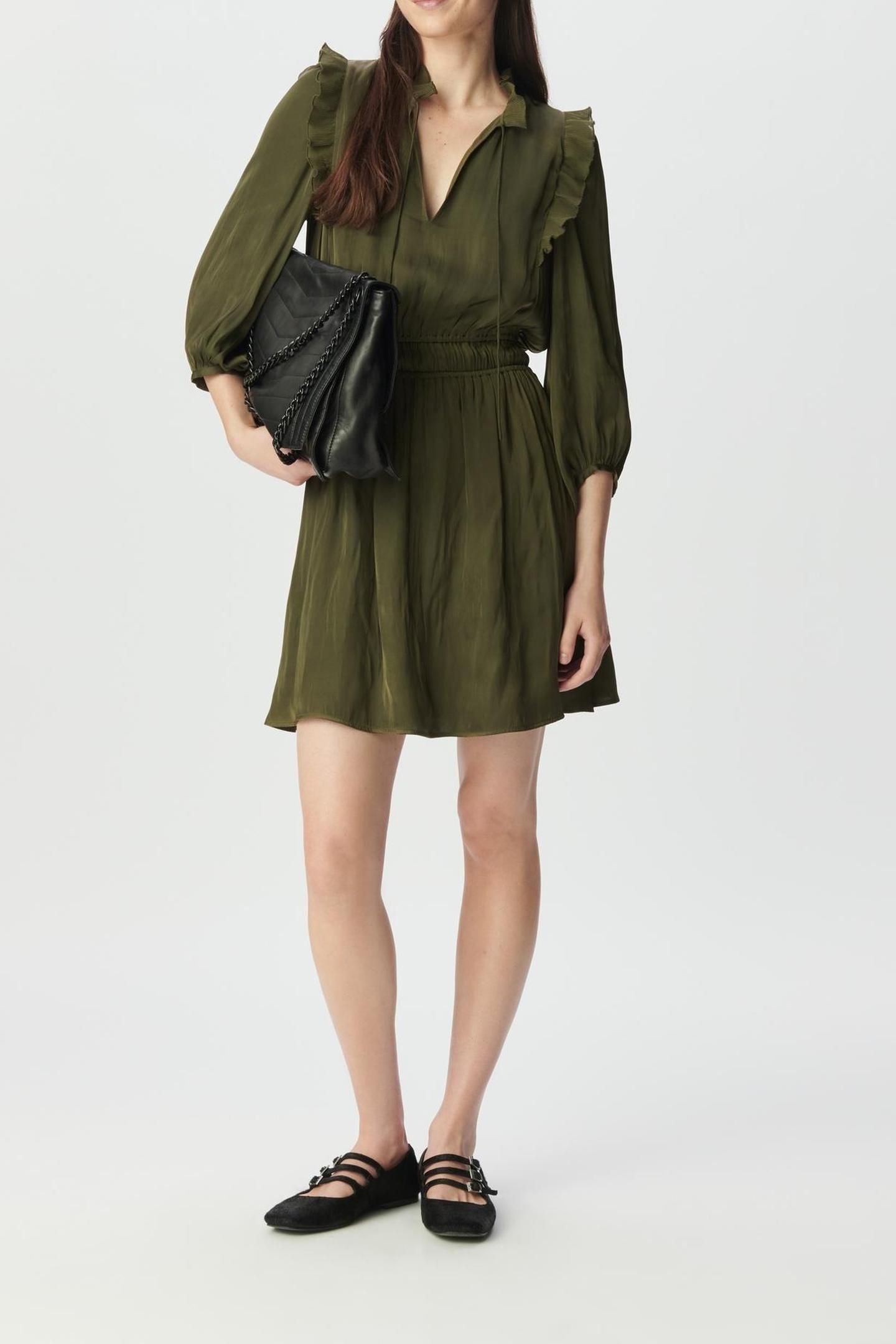 KHAKI CRUSHED SATIN DRESS WITH PLEATED RUFFLES 3