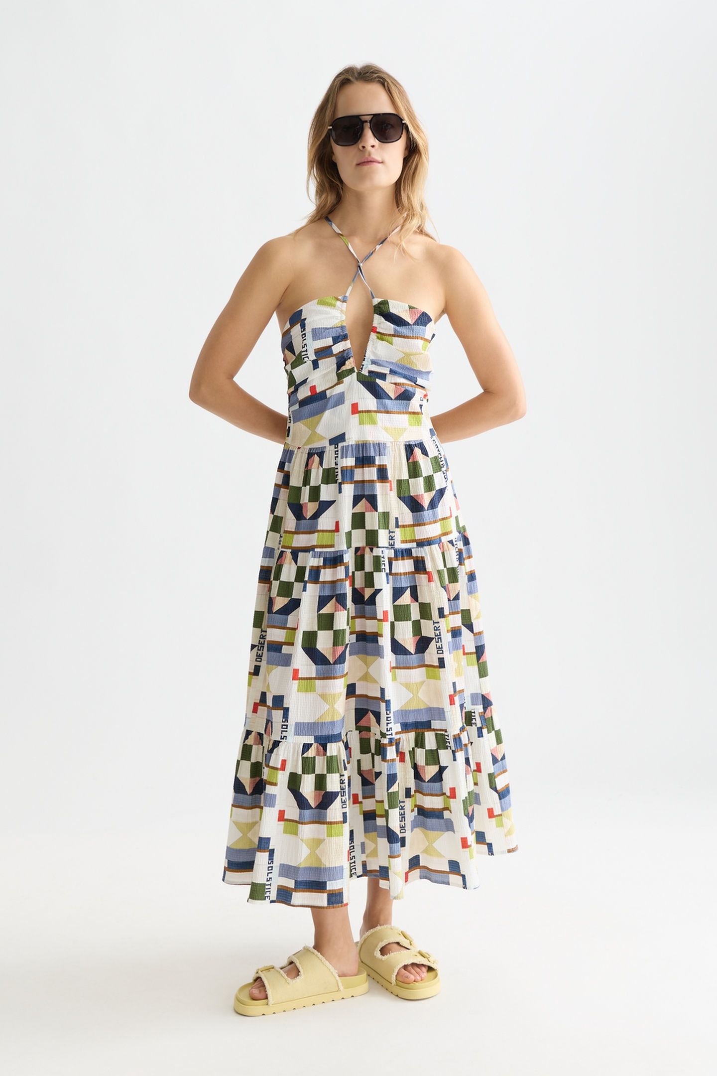 COTTON SEERSUCKER KEYHOLE HALTER MIDI DRESS PATCHWORK INFINI 1