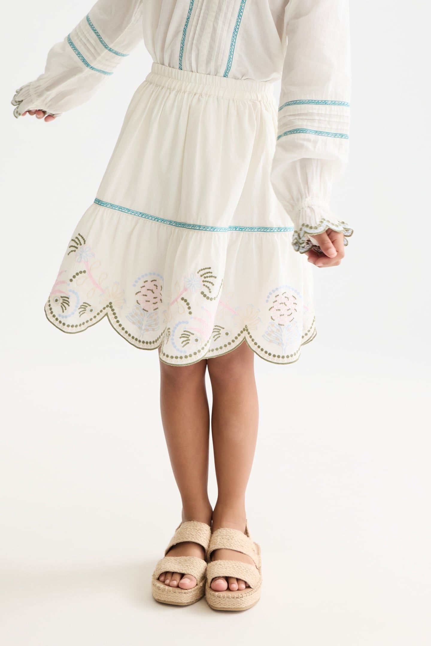 GIRLS EMBROIDERED HEM COTTON SKIRT WHITE TRADITIONAL 1