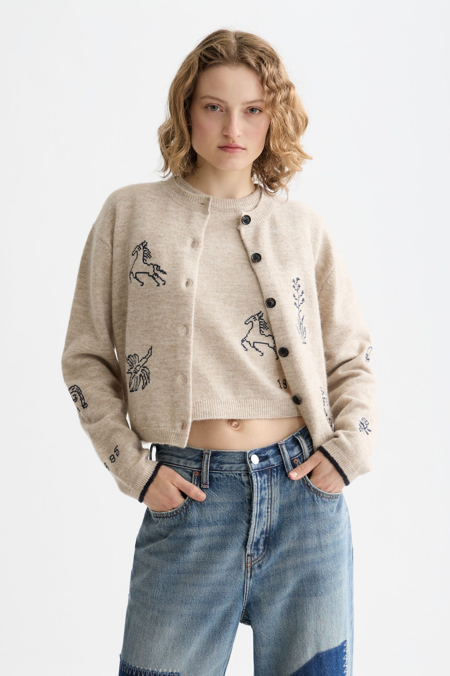 EMBROIDERED CREW NECK CARDIGAN OATMEAL MELANGE 1