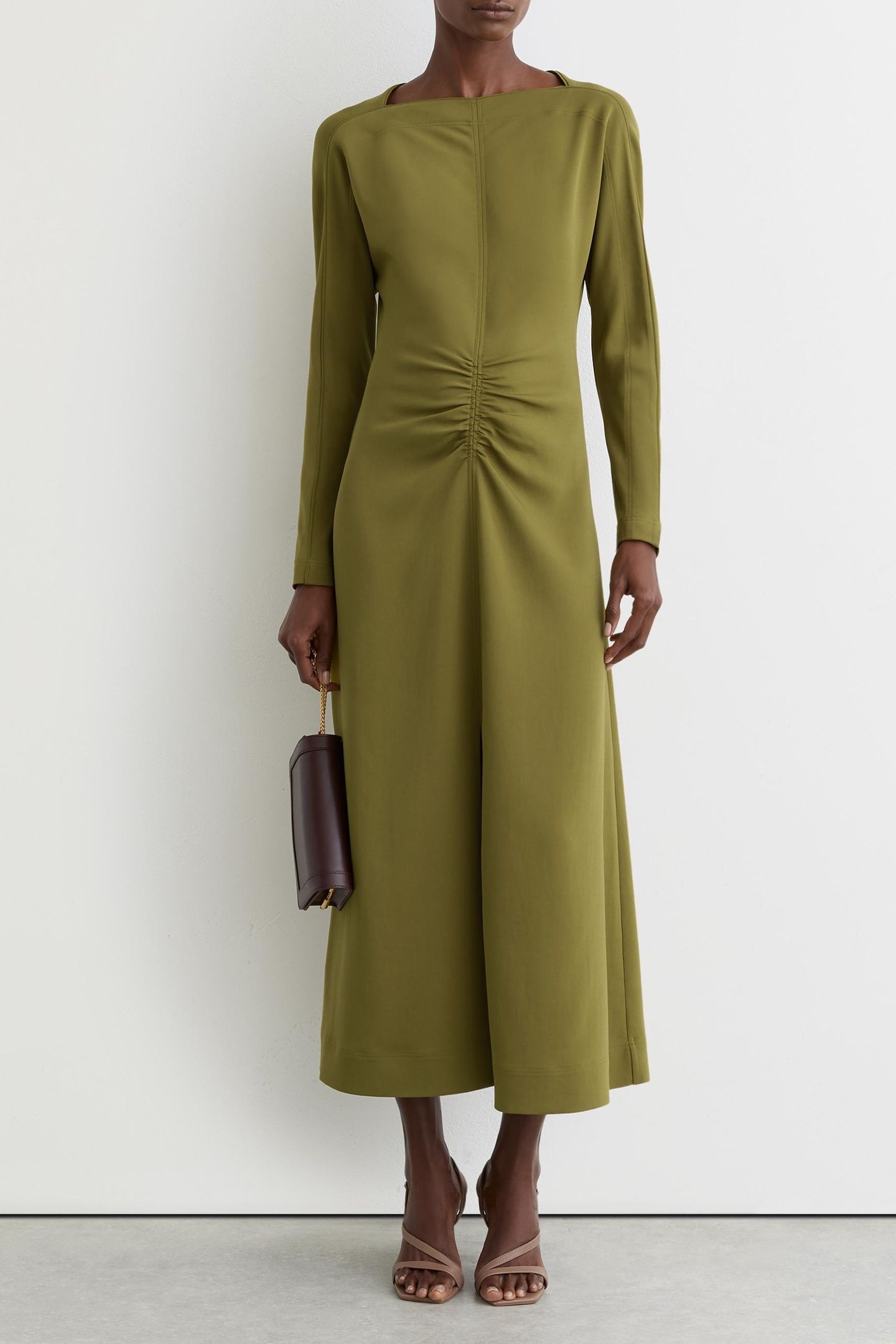 RUCHED LONGSLEEVE MIDI DRESS CHARTREUSE GREEN 1