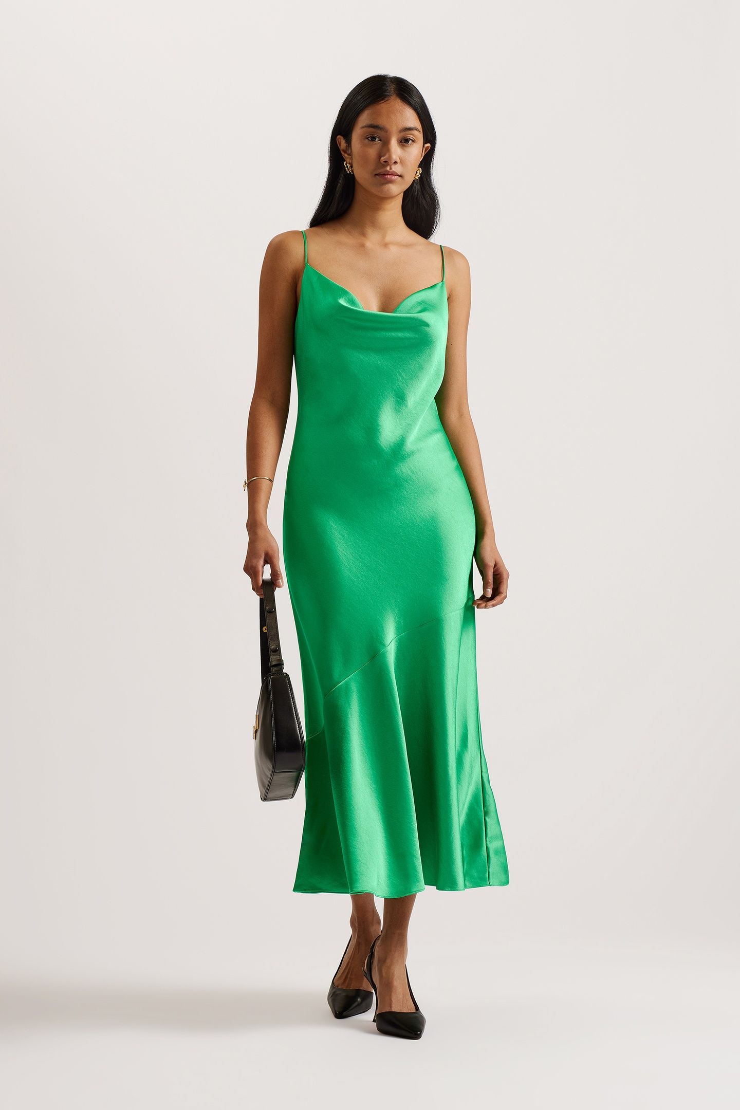 TUNCA SATIN COWL NECK EVENING MIDI DRESS GREEN 1