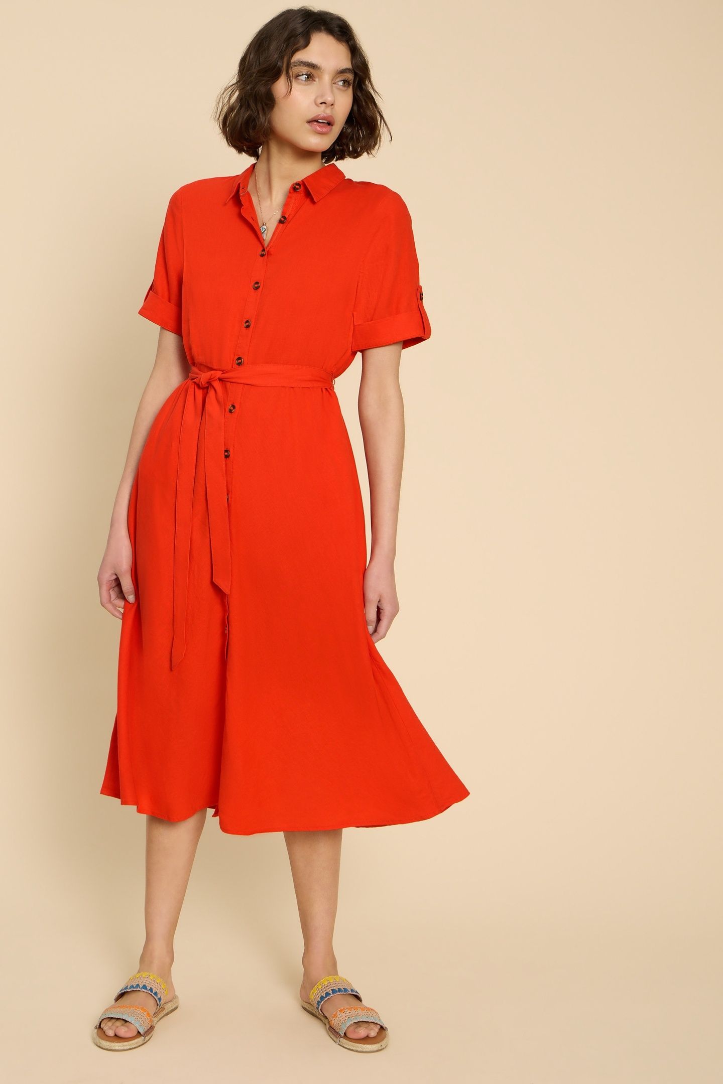 BETH LINEN BLEND SHIRT DRESS BRT ORANGE 1