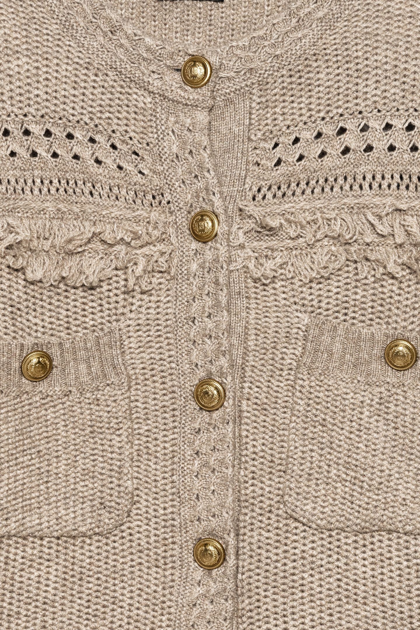 BEIGE KNIT CARDIGAN, FRINGED DETAILS, GOLD BUTTONS 7