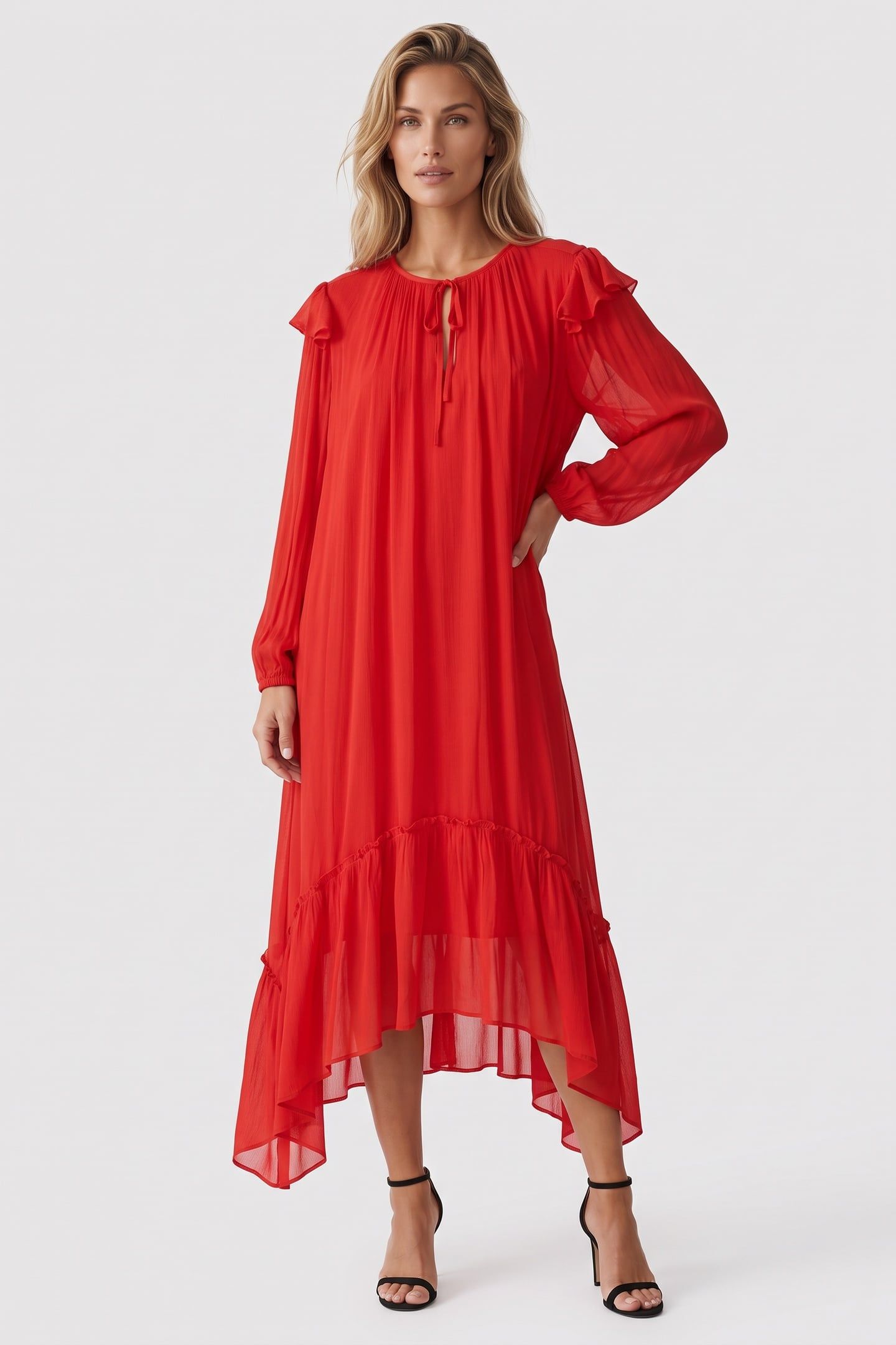 MAXI VISCOSE FRILL DRESS BOLD RED 1