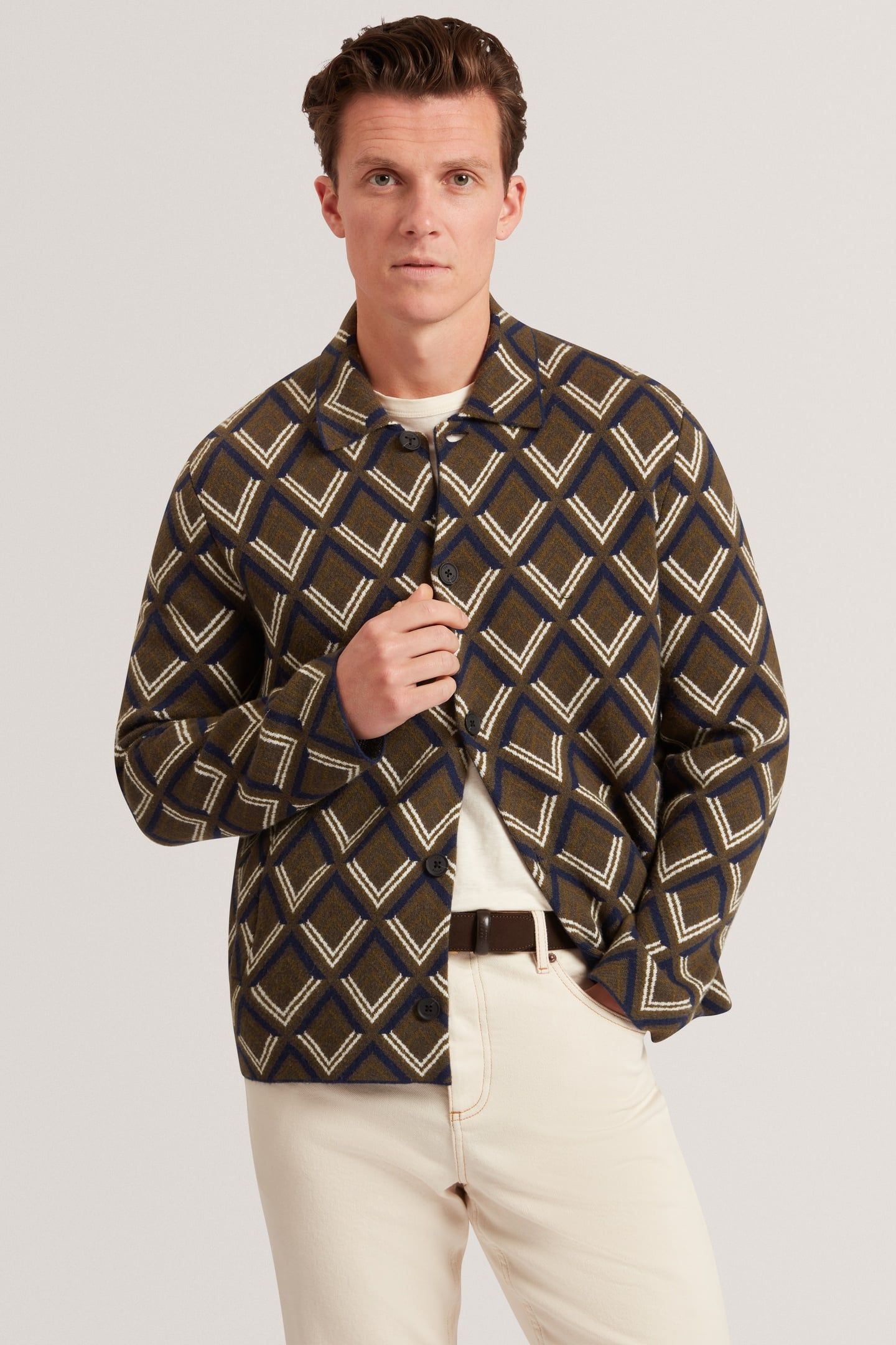 GEO JACQUARD KNITTED JACKET KHAKI 1