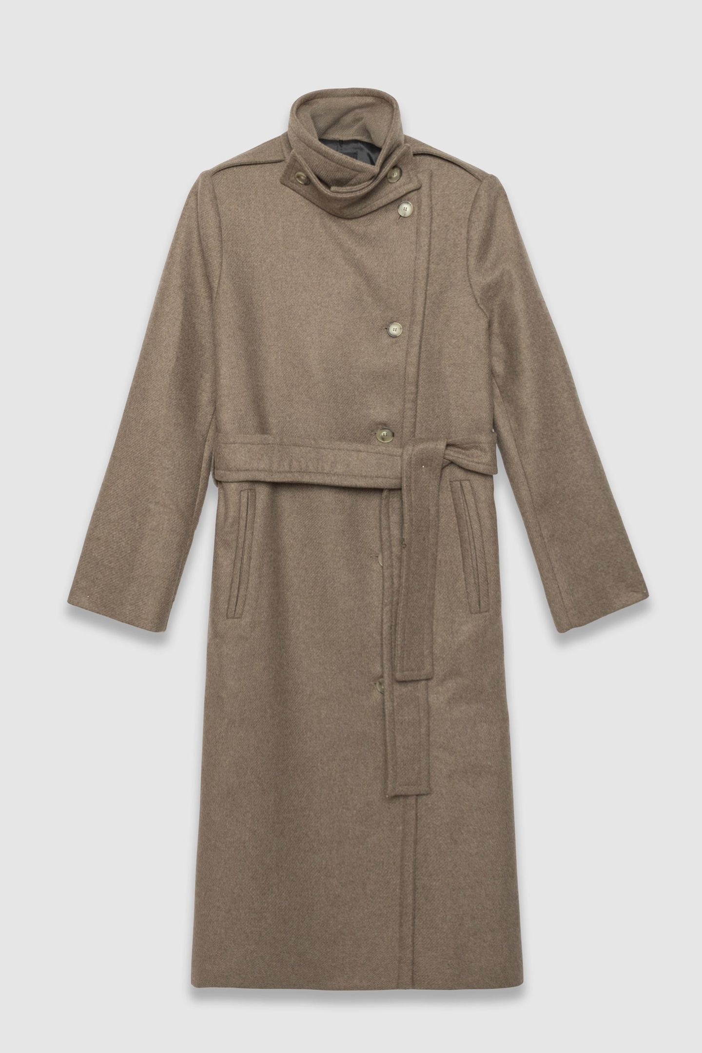 BEIGE WOOLCLOTH BELTED PEA-STYLE LONG COAT 5