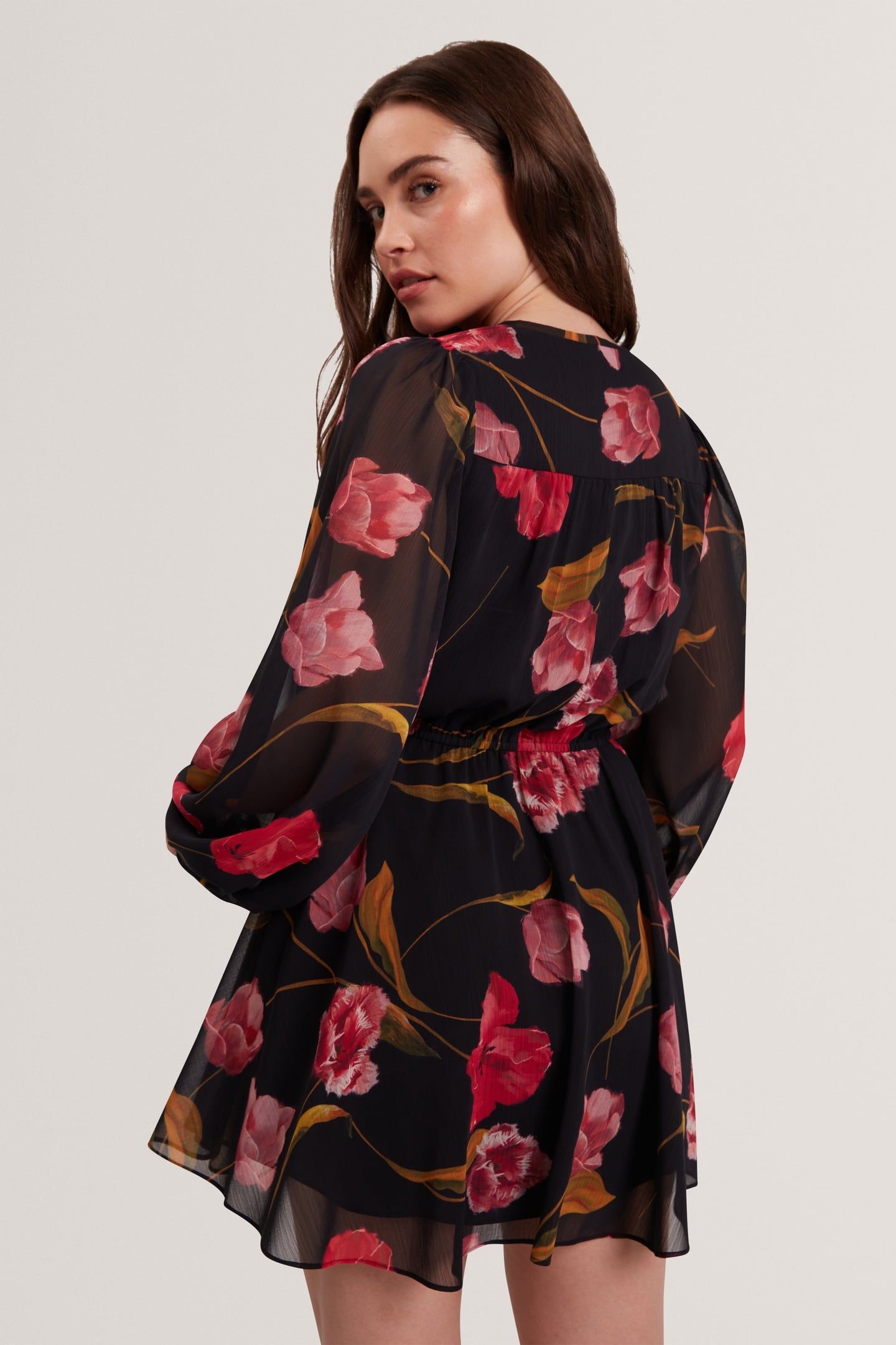 PRINTED TIE FRONT LONG SLEEVE MINI DRESS BLACK 2