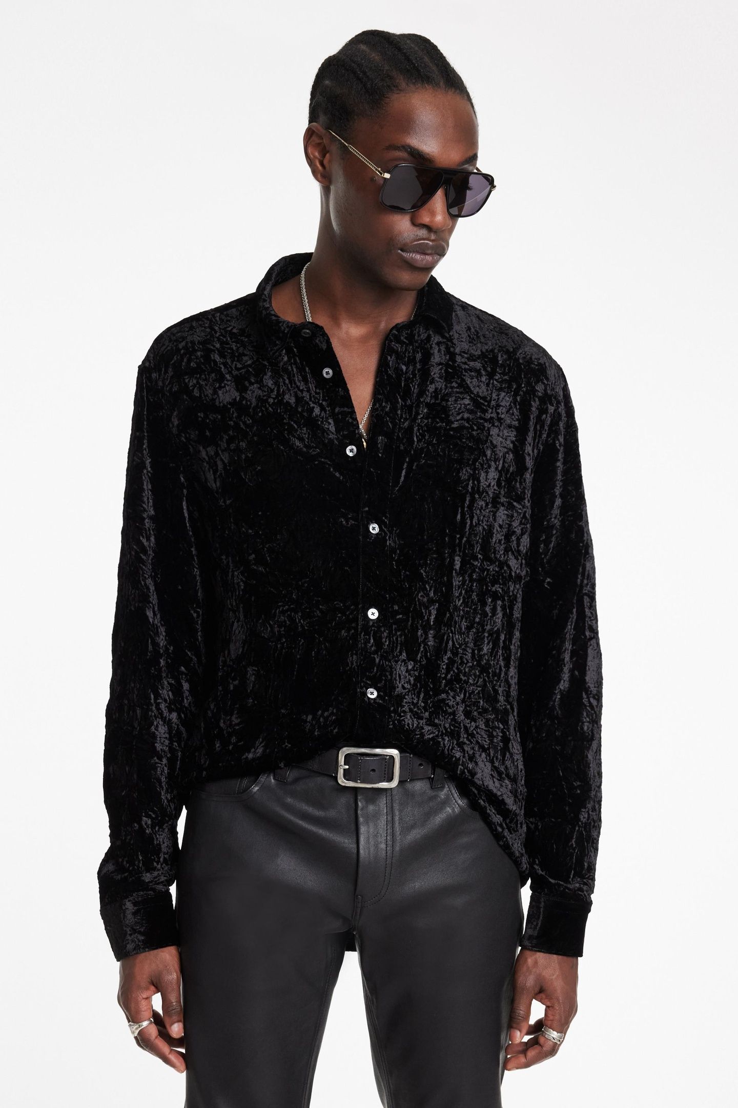 CRINKLED VELVET SLIM SHIRT BLACK 1
